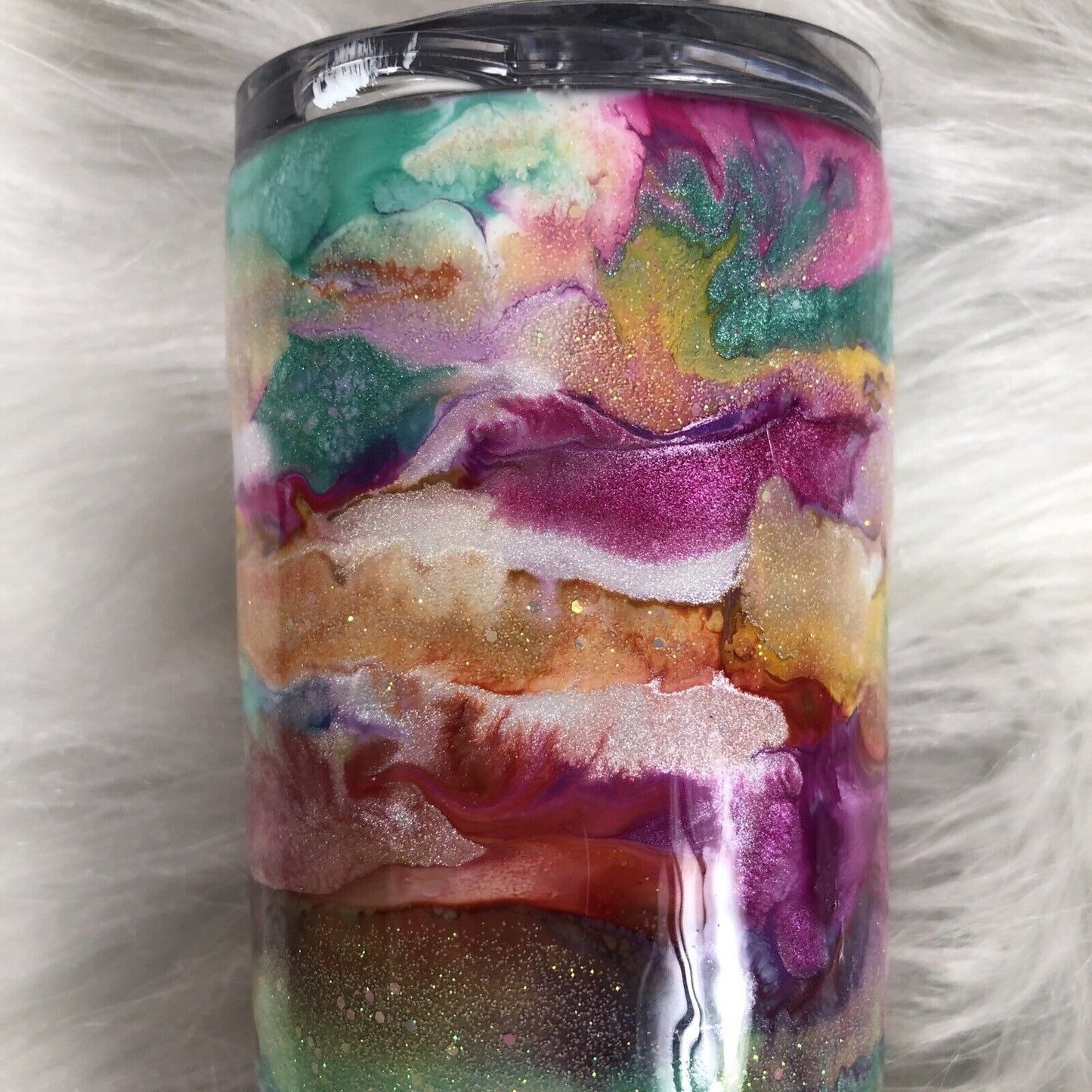 20 Ounce Tumbler Hand-Painted Pinks Pearl Teal Yellow Lid And Straw