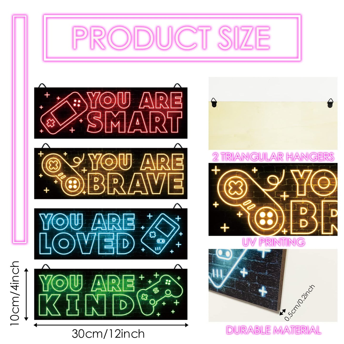 YLOLUL 4 Pieces Neon Gaming Decor for Boys Room Wooden Video Game Wall Art Print 12 X 4 Inch Motivational Quote Gamer Hanging Plaques Wall Decor for Boys Kids Room Bedroom Playroom Decorations