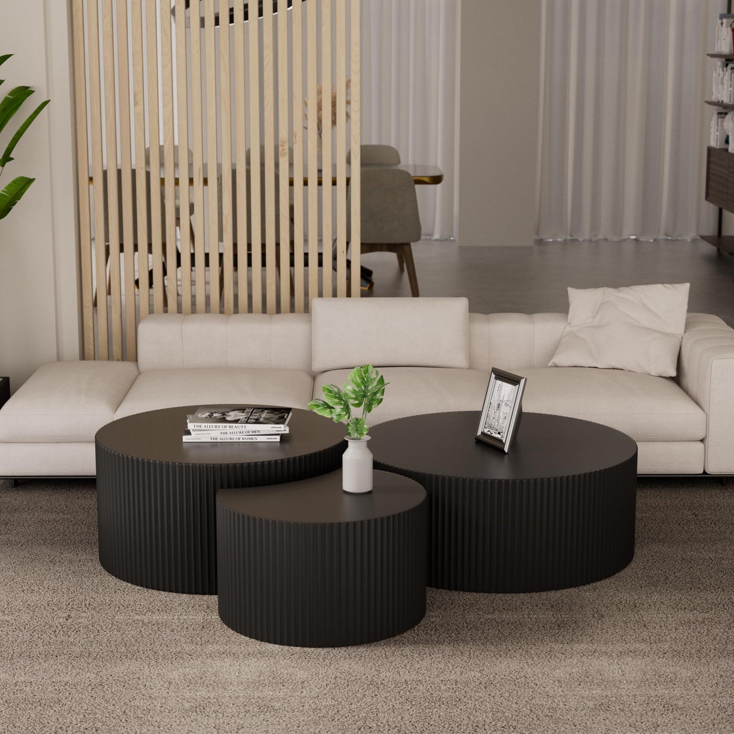 JUSTONE Set of 3 Black Round Coffee Table Set Side Table End Table for Living Room, Drum Round 3 Peice Nesting Coffee Modern Coffee Table for Apartment Office,No Assembly (3PCS,Black)