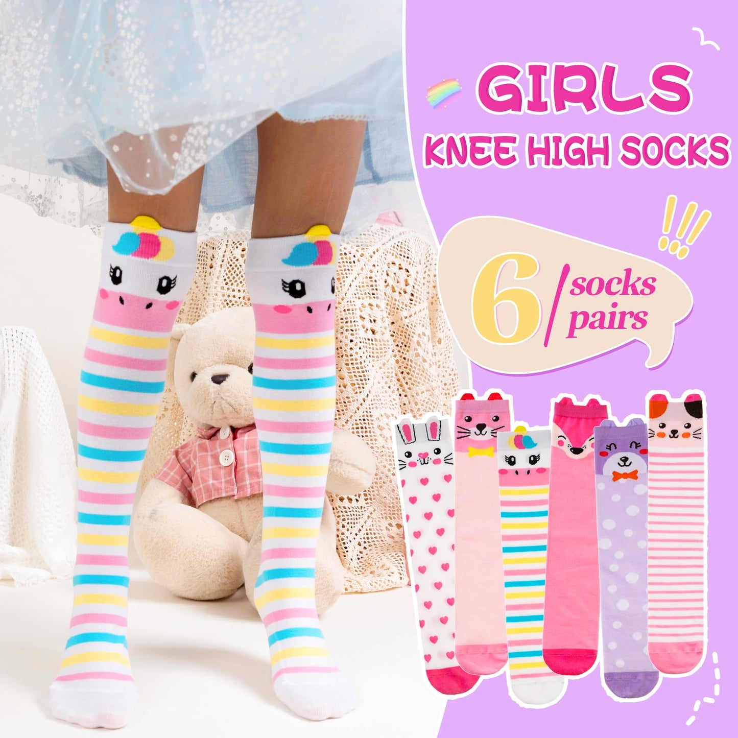 Eocom Girls Knee High Socks Kids Crazy Fun Gift Silly Tall Boot Cute Animal Cotton Long Socks 6 Pairs(Pink Purple Animal, 3-12 Years)