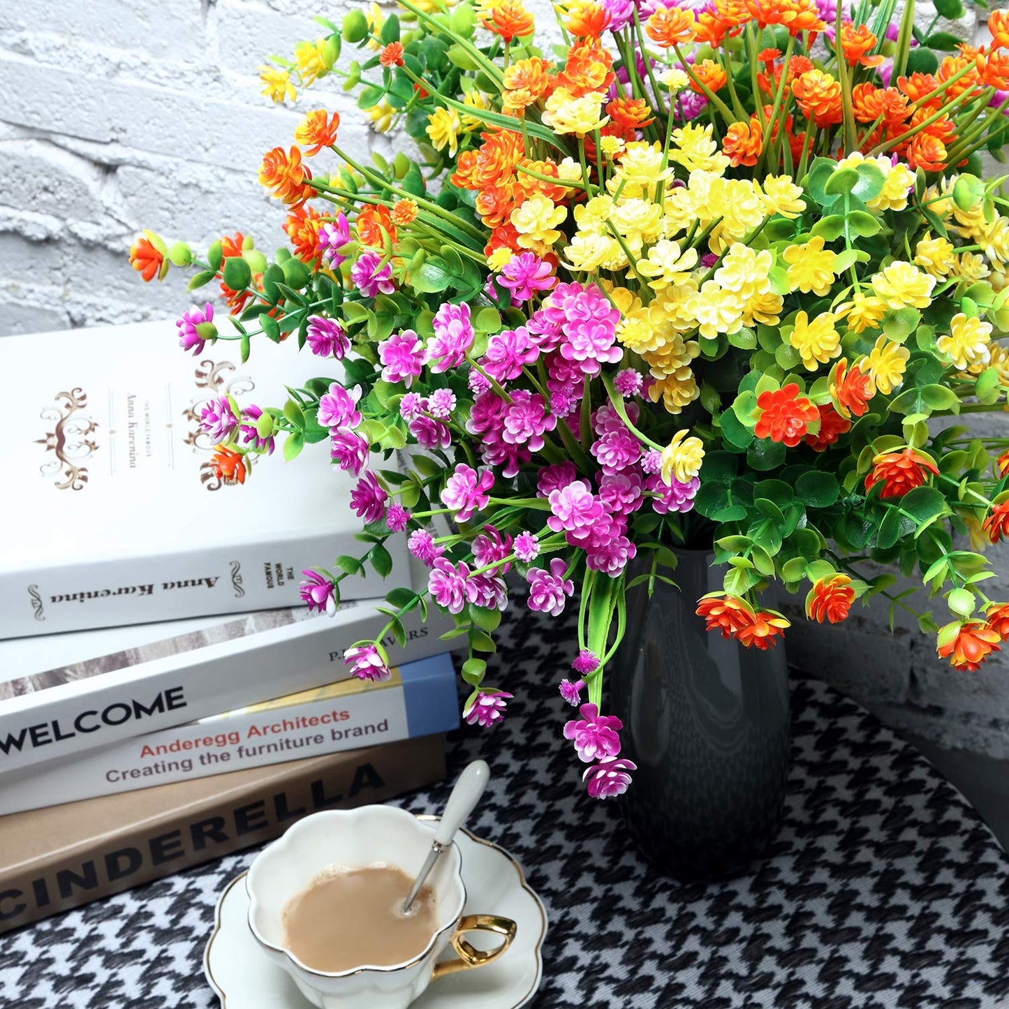 12 Bundles Artificial Flowers Outdoor, UV Resistant Faux Artificial Plants Shrubs Plastic Flower Bulk for Hanging Planter Porch Window Home Wedding Fall Summer Decor (Yellow, Orange, Fuchsia)