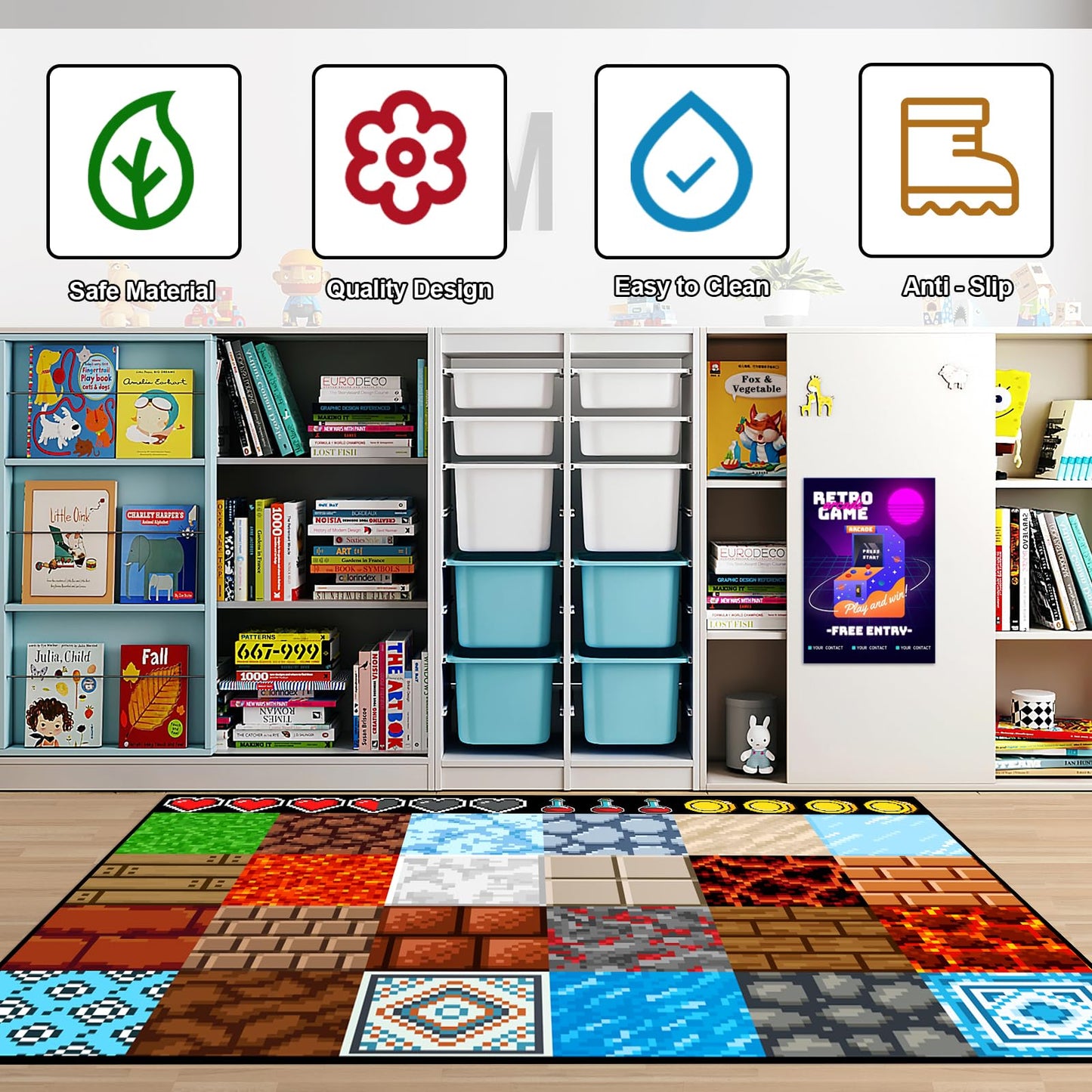 Game Rug Teen Boys Carpet with Pixel Game Element Decoration, 8 Bit Old Game Rugs for Boy’s Bedroom Living Room Playroom, Non-Slip Children Gaming Area Rugs (79" x 59")