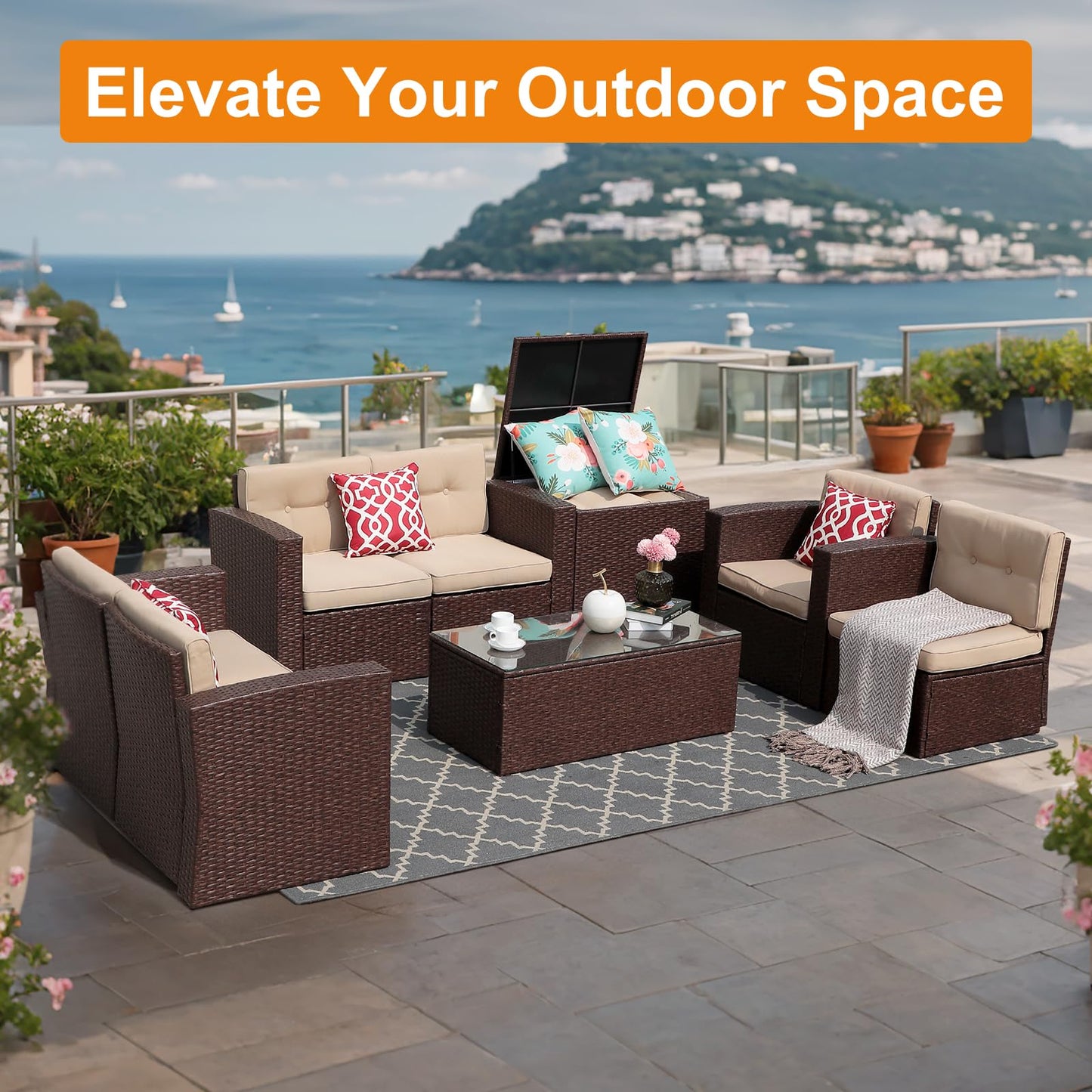 Super Patio 8 Pieces Patio Furniture Sets, All Weather Outdoor Sectional Patio Sofa, U-Shaped PE Wicker Patio Conversation Sets w/Storage Box, Coffee Table, 3 Pillows, for Garden, Porch, Brown