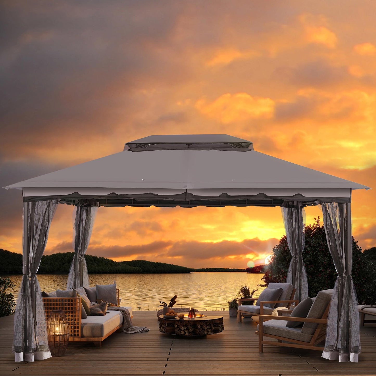 FAB BASED 10x13ft Patio Gazebo with Mosquito Netting and Sand Bag, Fireproof Enclosure & Waterproof Screen Tent, Garden Pavilion for Patio, Backyard, Lawn (Dark Grey)