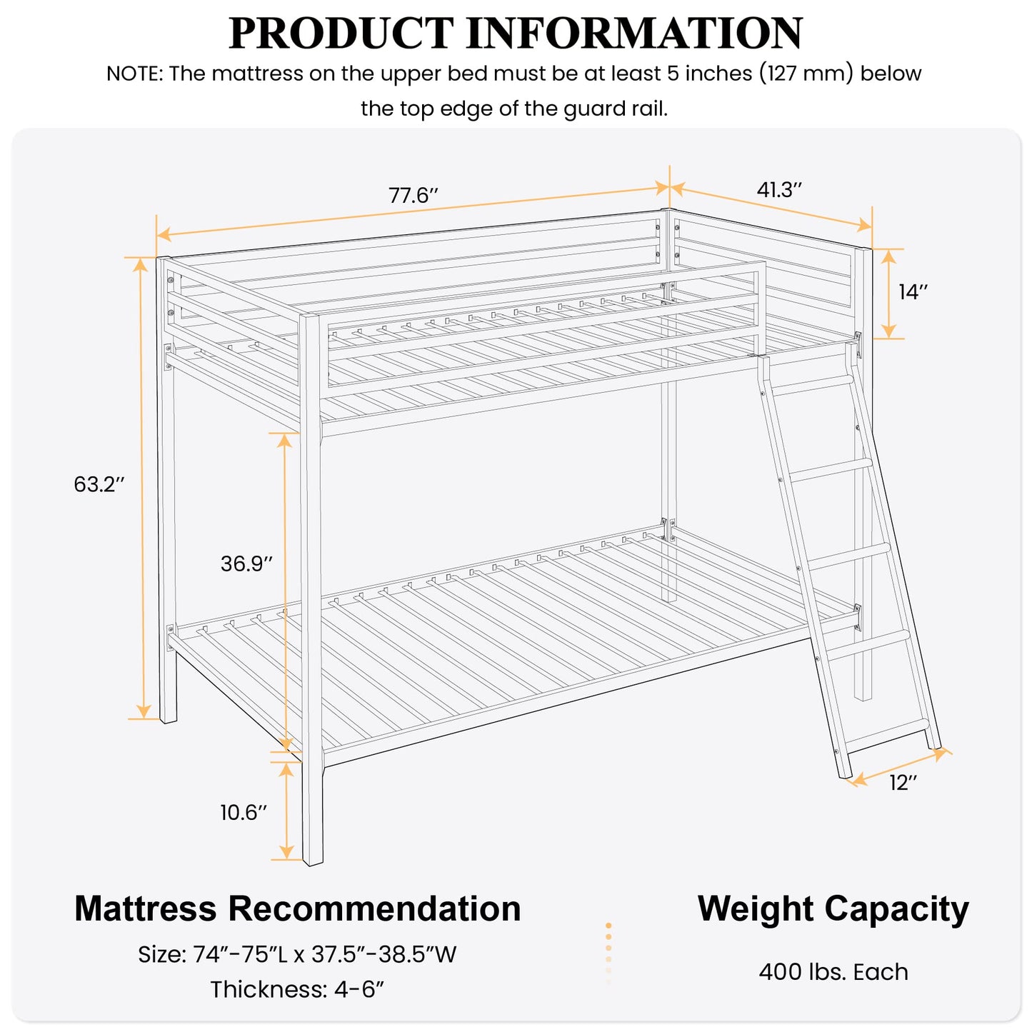 SHA CERLIN Loft Bunk Bed Twin Over Twin Size with Ladder and Guardrail,Heavy Duty Metal Slats Support No Box Spring Needed Small Space Saving Furniture for Bedroom Dorm,Black
