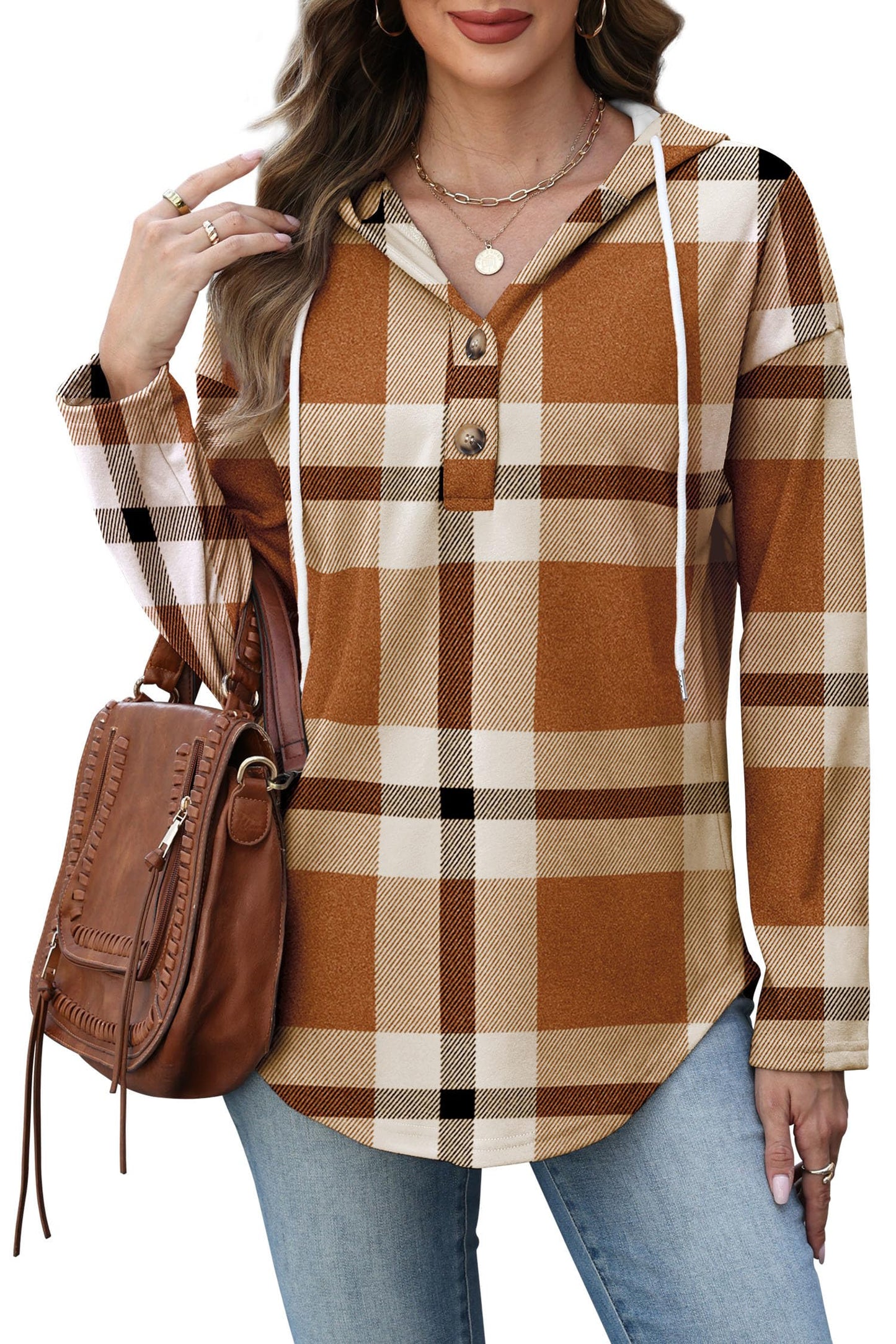 RUMIA Sweatshirt for Women Loose Fit Lightweight Hoodies Long Sleeve Fashion Womens Tops Fall Winter Clothes Holiday Outfits Plaid Brown 3XL