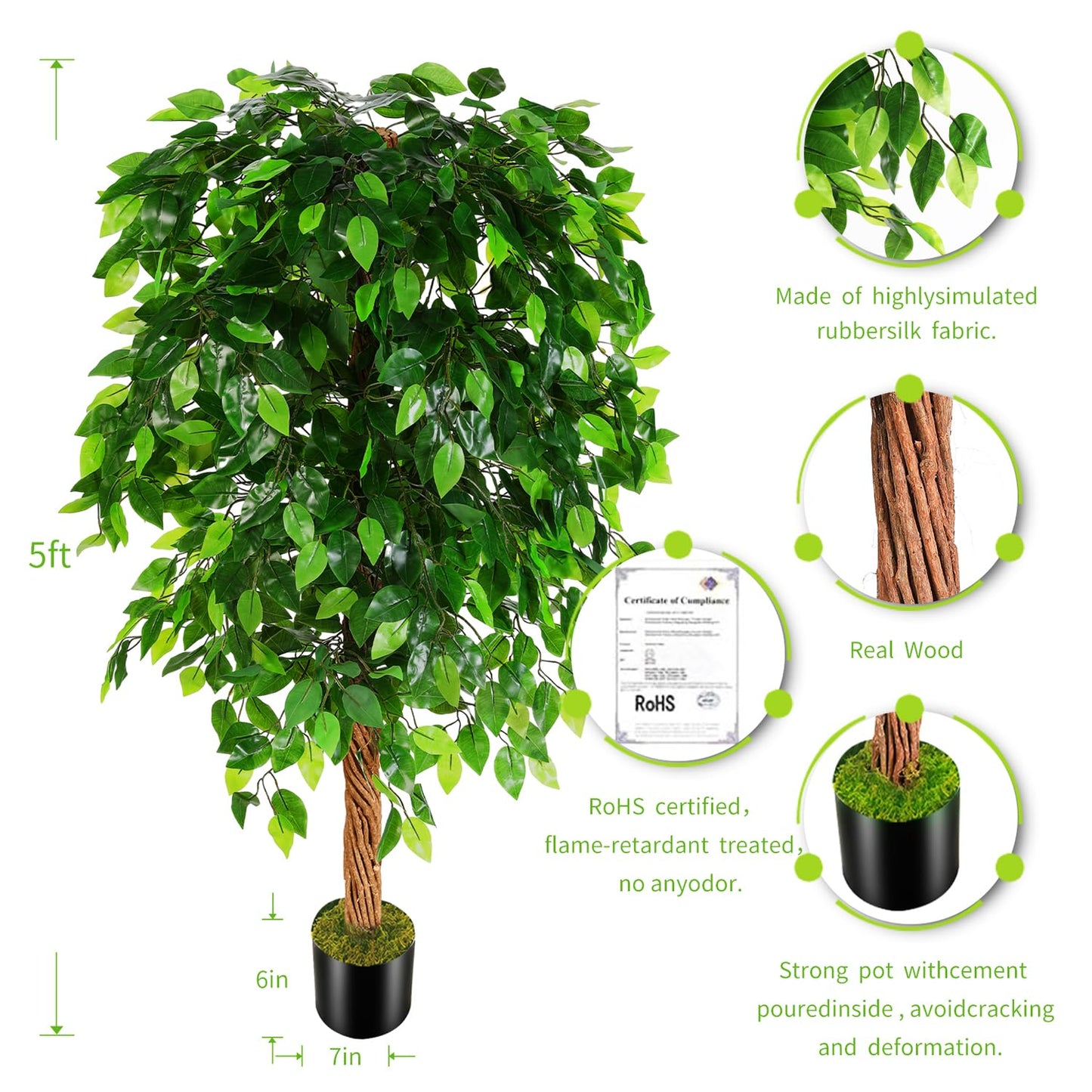 OXLLXO 5ft Artificial Ficus Silk Tree (60in) with Plastic Nursery Pot Faux Tree, Fake Plant for Office House Farmhouse Living Room Home Decor (Indoor/Outdoor)