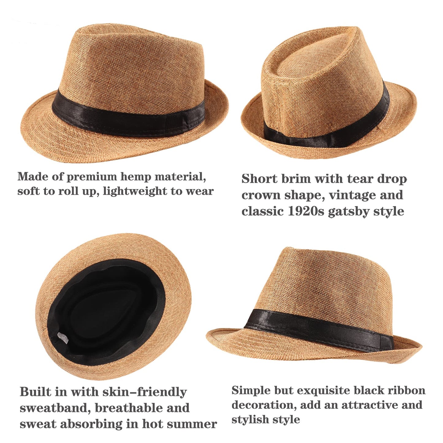 Ultrafun 5 Pack Short Brim Fedora Classic Summer Beach Sun Hat Panama Straw Cap for Men Women (Medium, 5Pack-Black+White+Khaki+Blue+Wine Red)