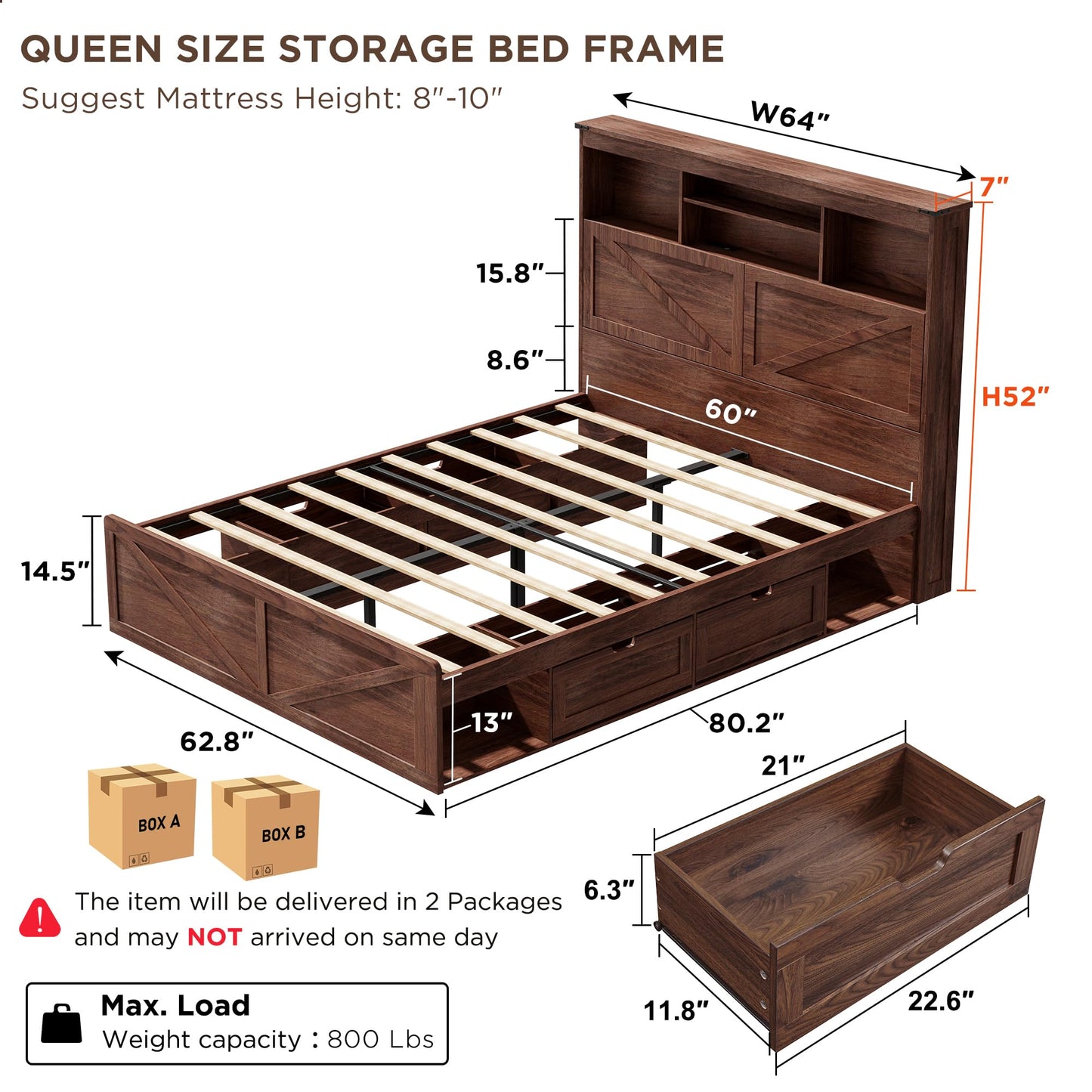 ACCOHOHO Farmhouse Queen Size Bed Frame with 52" Tall Storage Headboard and LED Light,Wood Platform Bed Frame with 4 Drawers and Charging Station,Solid Wood Slats Support,No Box Spring Needed,Brown