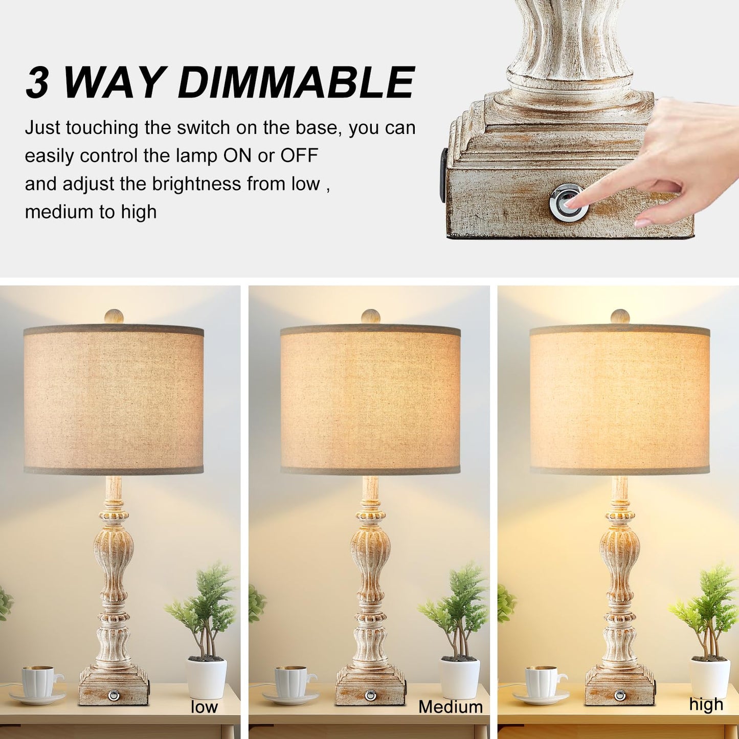 Vintage Farmhouse Table Lamp Set of 2 with USB A+C for Living Room Rustic Table Lamp 27" Tall 3-Way Dimmable Touch Bedside Lamps Traditional Bedroom Nightstand Lamps Linen Washed Antique White