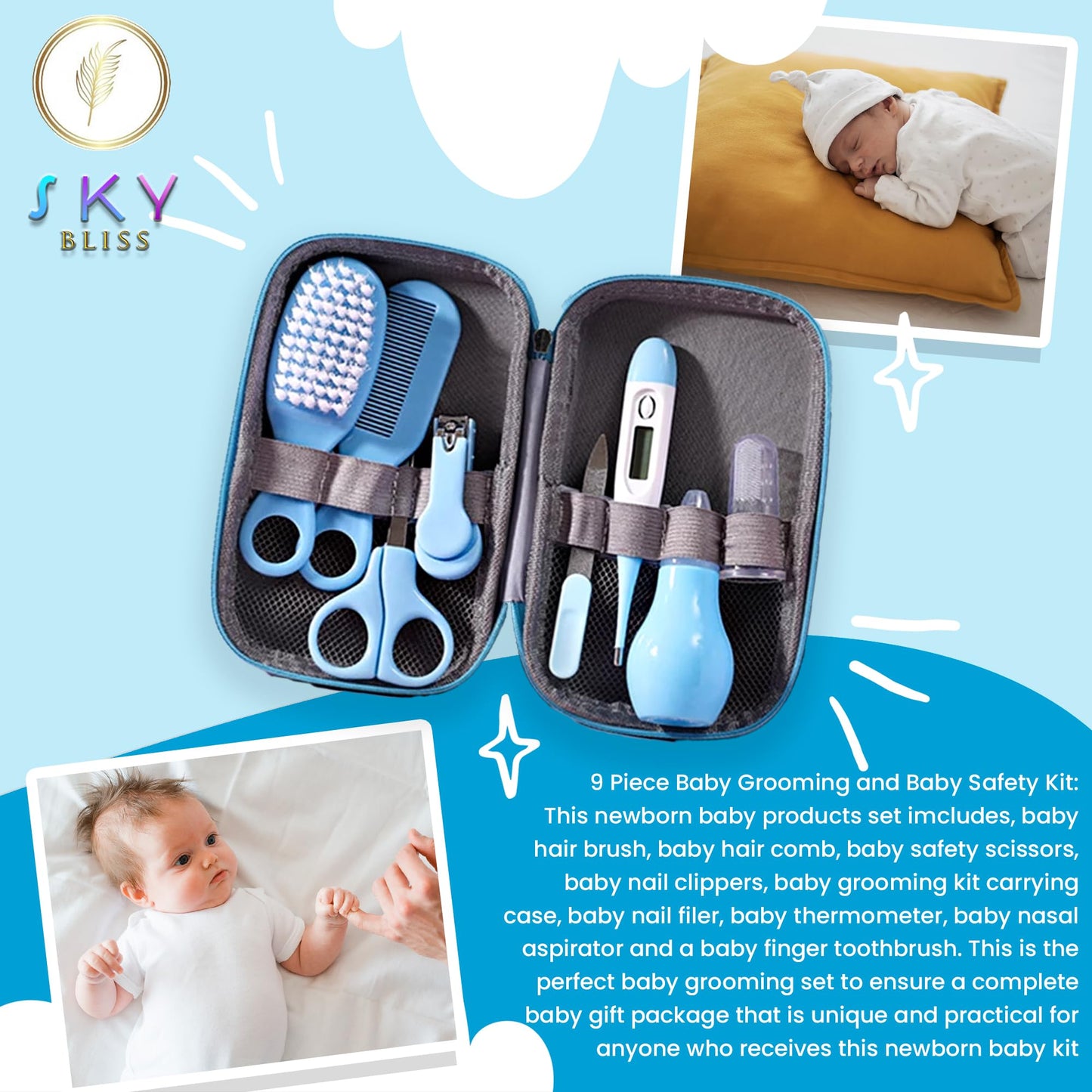 Sky Bliss 20 Piece Baby Gift Set (Blue), Newborn Baby Gift Set, Baby Clothes, Teddy Bear, Pacifier, Baby Grooming kit, Gifts for a New Baby Boy, Baby Boy Newborn Essentials