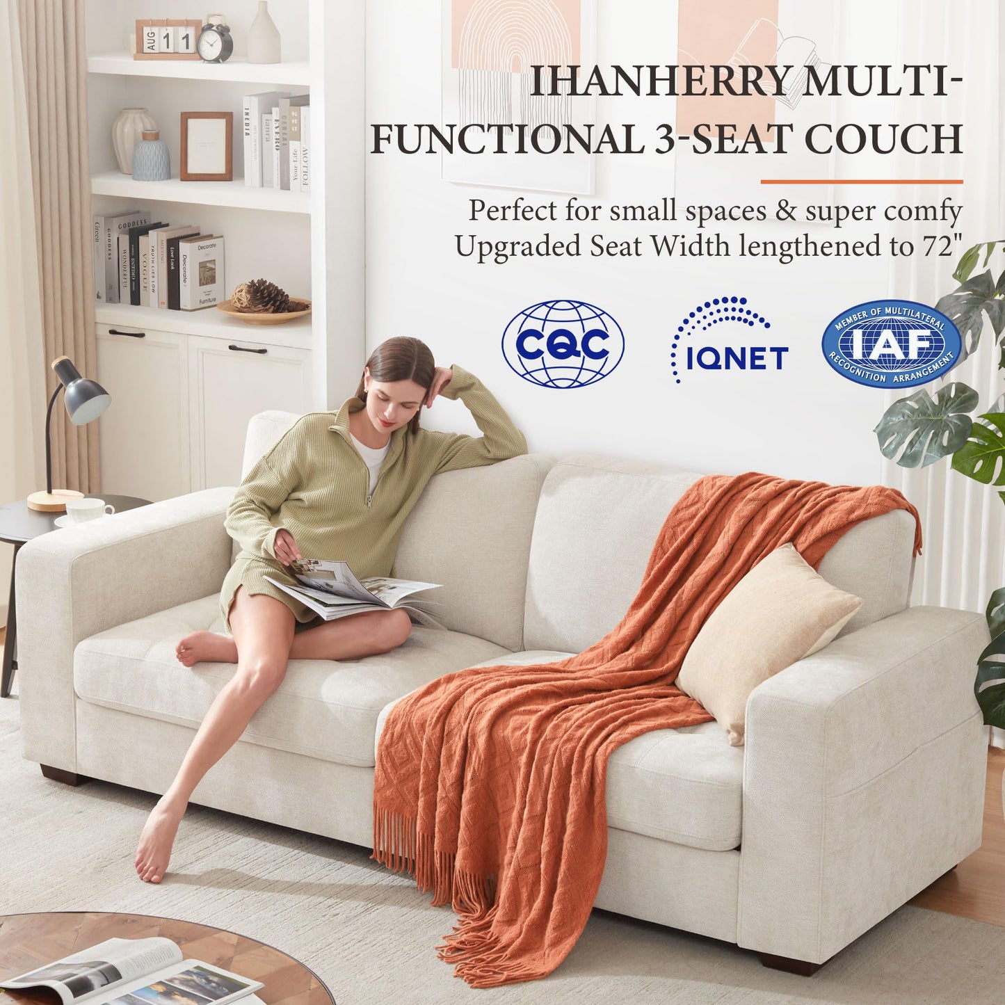 Ihanherry 89" Modern Sofas 3-Seats Couches for Living Room, Chenille Sofas with Extra Large Seat Width & Depth, USB/Type-C Charging Port & Side Pocket, Removable Medium Firm Sofa Cushion(Beige)
