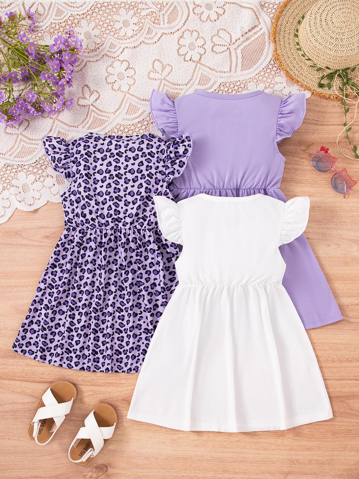 VARMILO Girls Dresses Little Kid Girls Dress 3-Pack Summer Casual Party Print Skater Dress Sundress Size 6 Years White/Purple