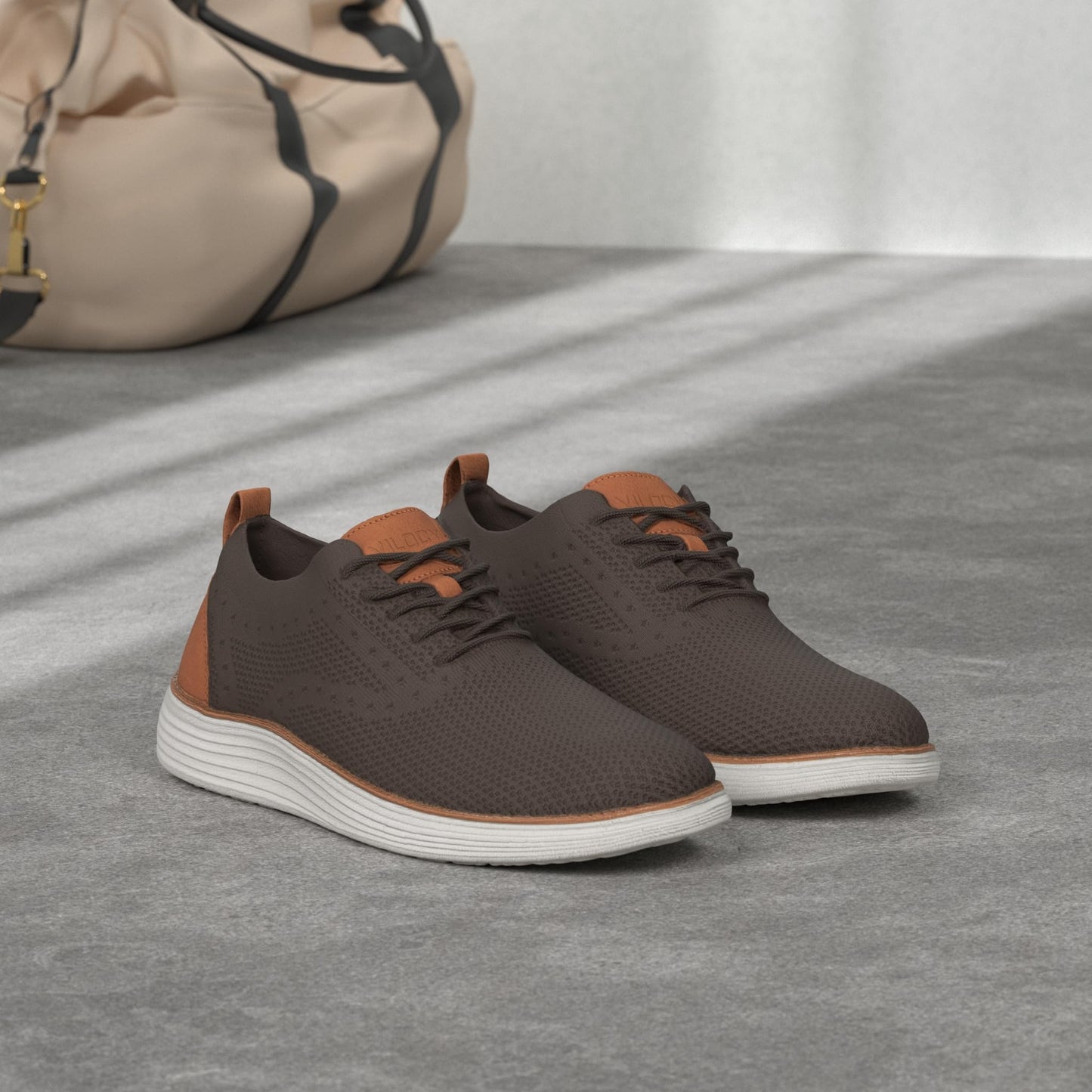 VILOCY Men's Dress Sneakers Oxfords Casual Business Shoes Lace Up Lightweight Walking Knit Mesh Fashion Sneakers Brown, EU45