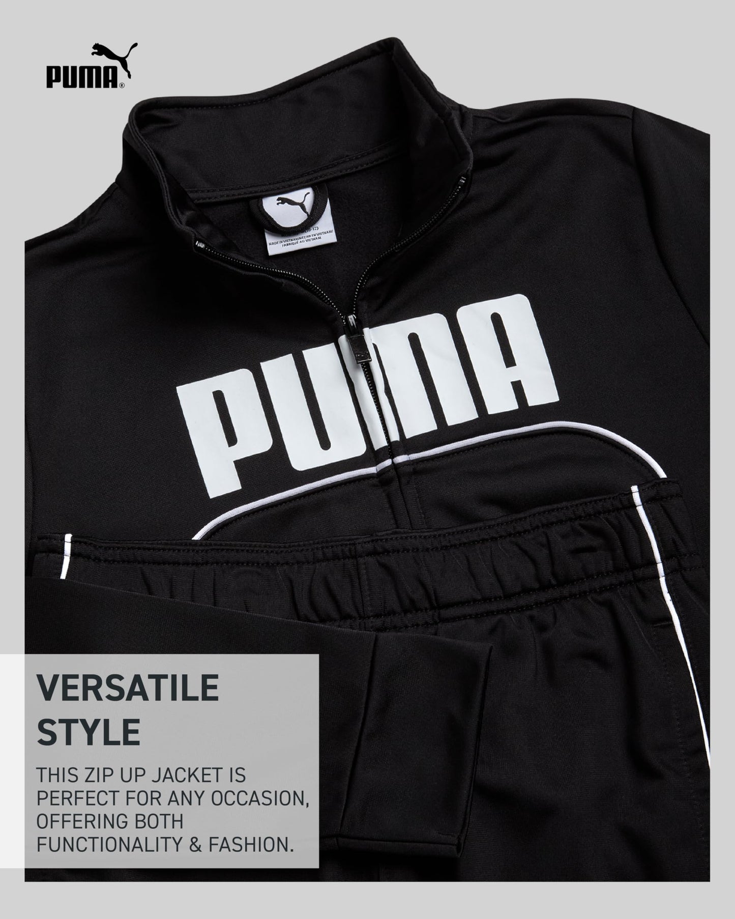 PUMA Boys Pants Set - 2 Piece Tricot Athletic Zip Up Jacket Sweatshirt and Active Jogger Pants - Boys Activewear Set (8-16), Size 10-12, Black/White Logo