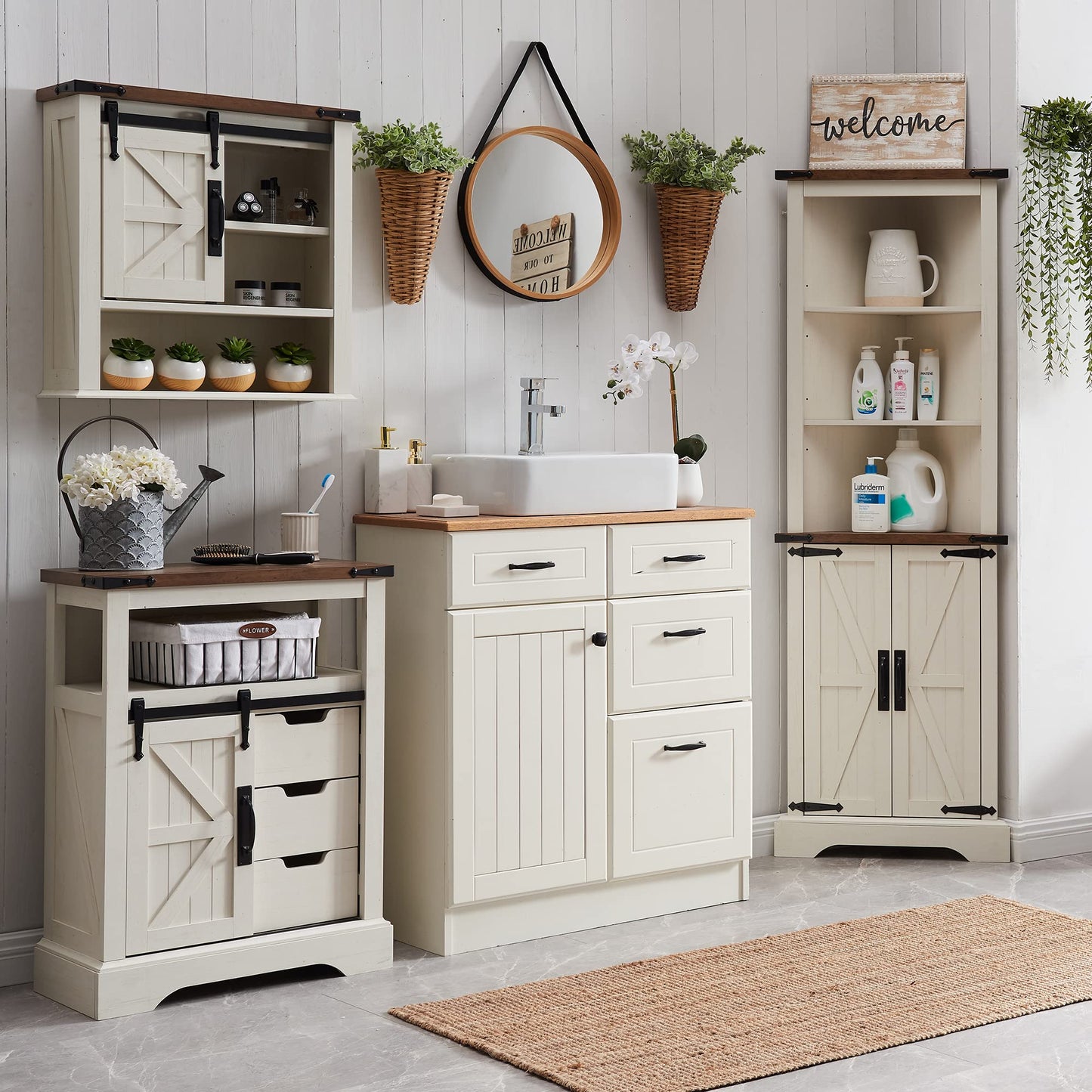 OKD Tall Corner Cabinet, Farmhouse Storage Cabinet with Barn Door Design & Adjustable Shelves, Home Space Saver for Bathroom, Living Room, Rustic Oak with Antique White