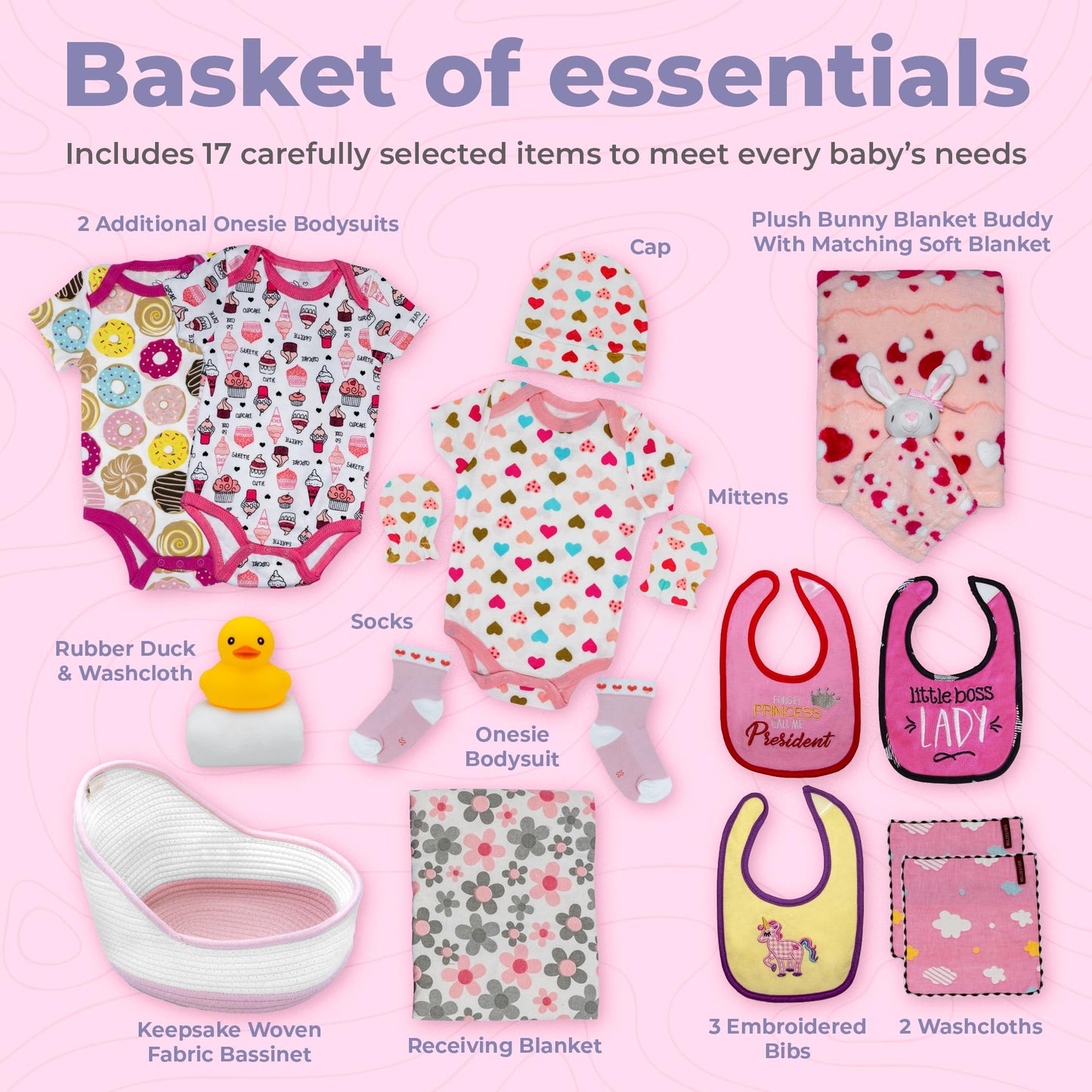 Bassinet New Baby Girl Gift Set | Unique Newborn Gift Basket Hamper for Gender Reveal | Baby Essentials for Expecting Moms & Parents | 17-Piece Baby Layette Set | Pink - Nikki's Gift Baskets