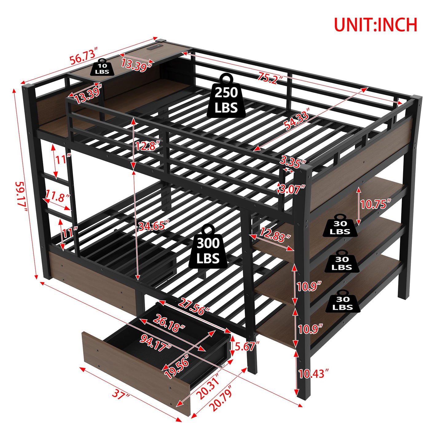 Bellemave Full Size Bunk Bed with Storage Drawers and 3-Tier Shelves, Full Bunk Bed with Charging Station and Lights, Heavy Duty Metal Bunk Beds for Teen, Adults