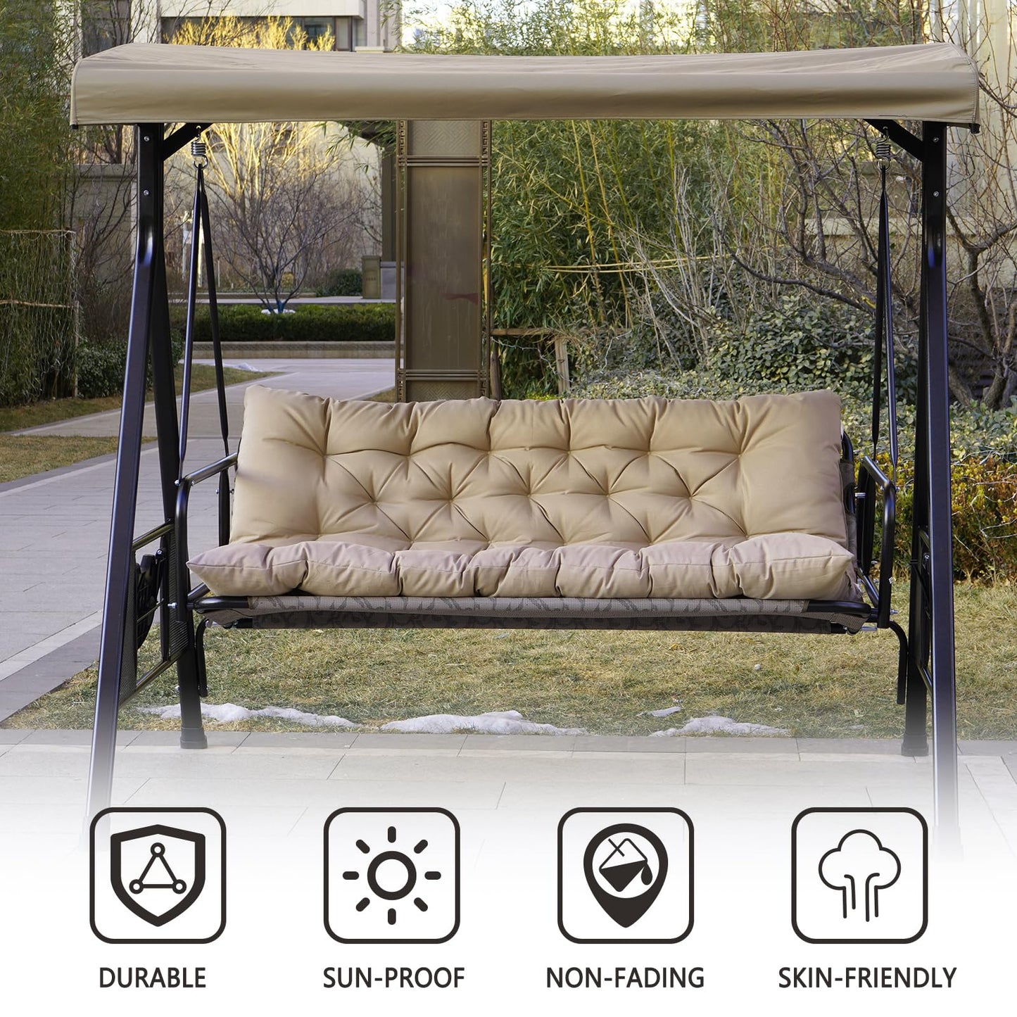 GPQAWER Outdoor Swing Cushions,Waterproof Swing Cushions 3 Seater Replacement with Backrest,Outdoor Thickened Bench Cushion with Ties for Porch,Patio,Backyard,Garden and Lawn (Khaki 60 * 40 in)