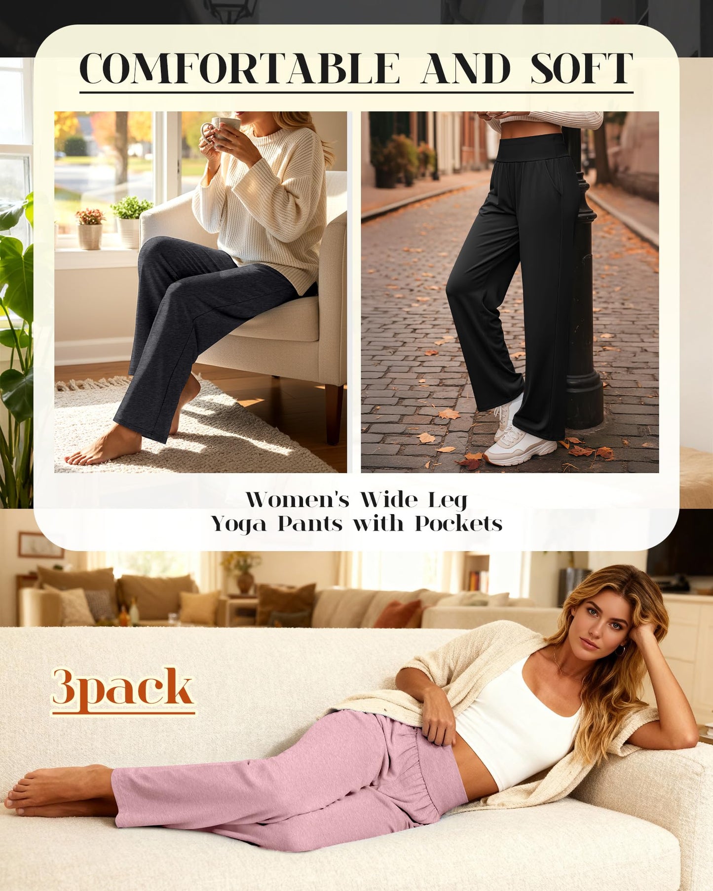 Neer 3 Pack Women's Wide Leg Yoga Pants, Comfy Lounge Pants with Pockets Ladies' Stretch Sweatpants Elastic Waist Joggers(Small,Black, Dark Gray, Pink)