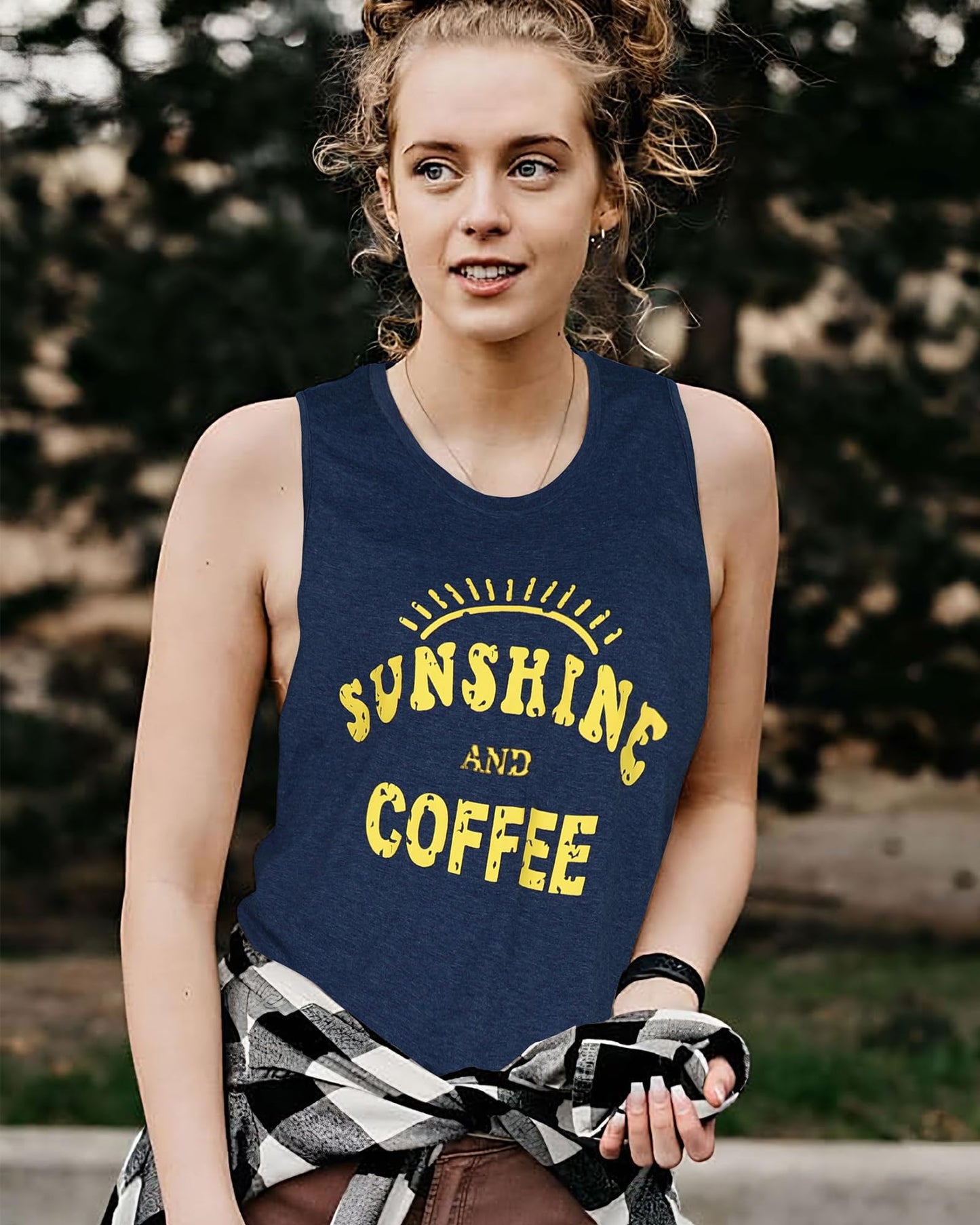 rosemia Tank Tops for Women Summer Sunshine and Coffee Graphic T-Shirts Sleeveless Casual Ladies Loose Tunic Blouse(Sunshine Deep Blue, L)