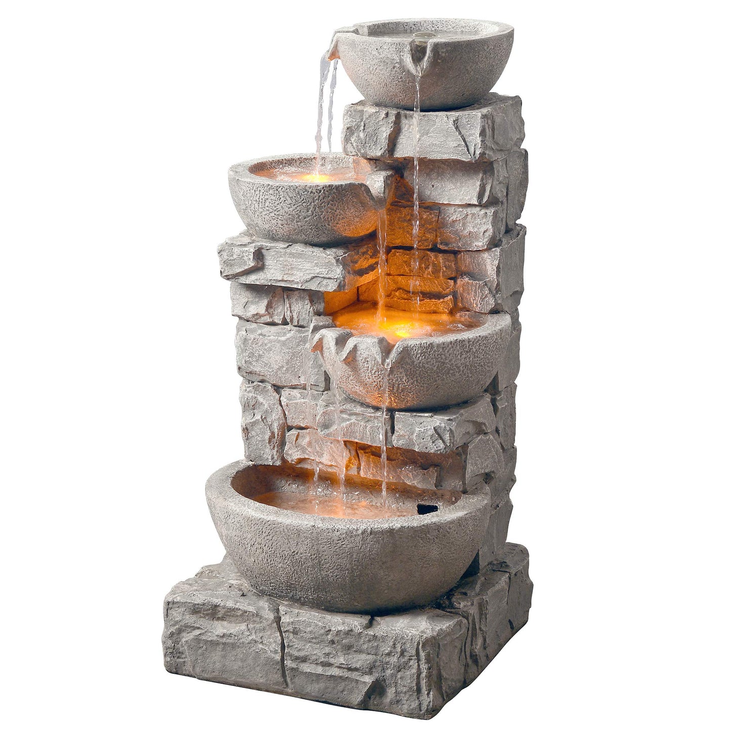 Teamson Home 33.25 in. Cascading Bowls and Stacked Stones LED Outdoor Water Fountain for Gardens, Landscaping, Patios, Balconies, and Lawns for a Calming Oasis in Outdoor Living Spaces, Stone Gray