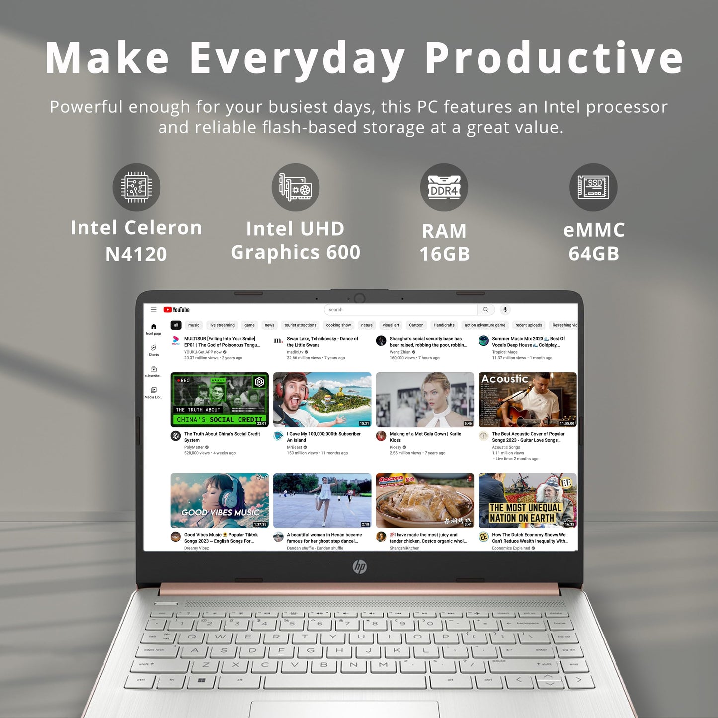 HP Premium Stream 14" HD BrightView Laptop, Intel Celeron N4120, 16GB RAM, 64GB eMMC Storage, UHD Graphics, HD Webcam, 1 Year Office 365, Bluetooth, WiFi, HDMI, Win 11s, Gold, 32GB Hotface USB Card