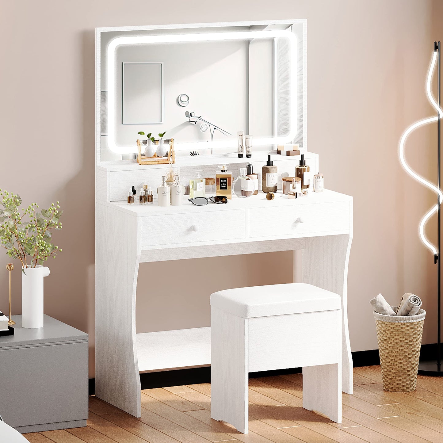 IRONCK Vanity Desk Set with LED Lighted Mirror & Power Outlet, Makeup Vanity Table with 4 Drawers,Storage Bench,for Bedroom, Bathroom, White