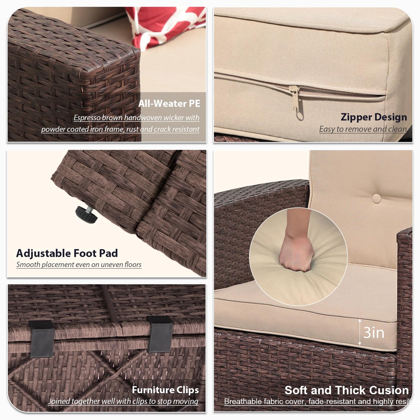 Super Patio 8 Pieces Patio Furniture Sets, All Weather Outdoor Sectional Patio Sofa, U-Shaped PE Wicker Patio Conversation Sets w/Storage Box, Coffee Table, 3 Pillows, for Garden, Porch, Brown