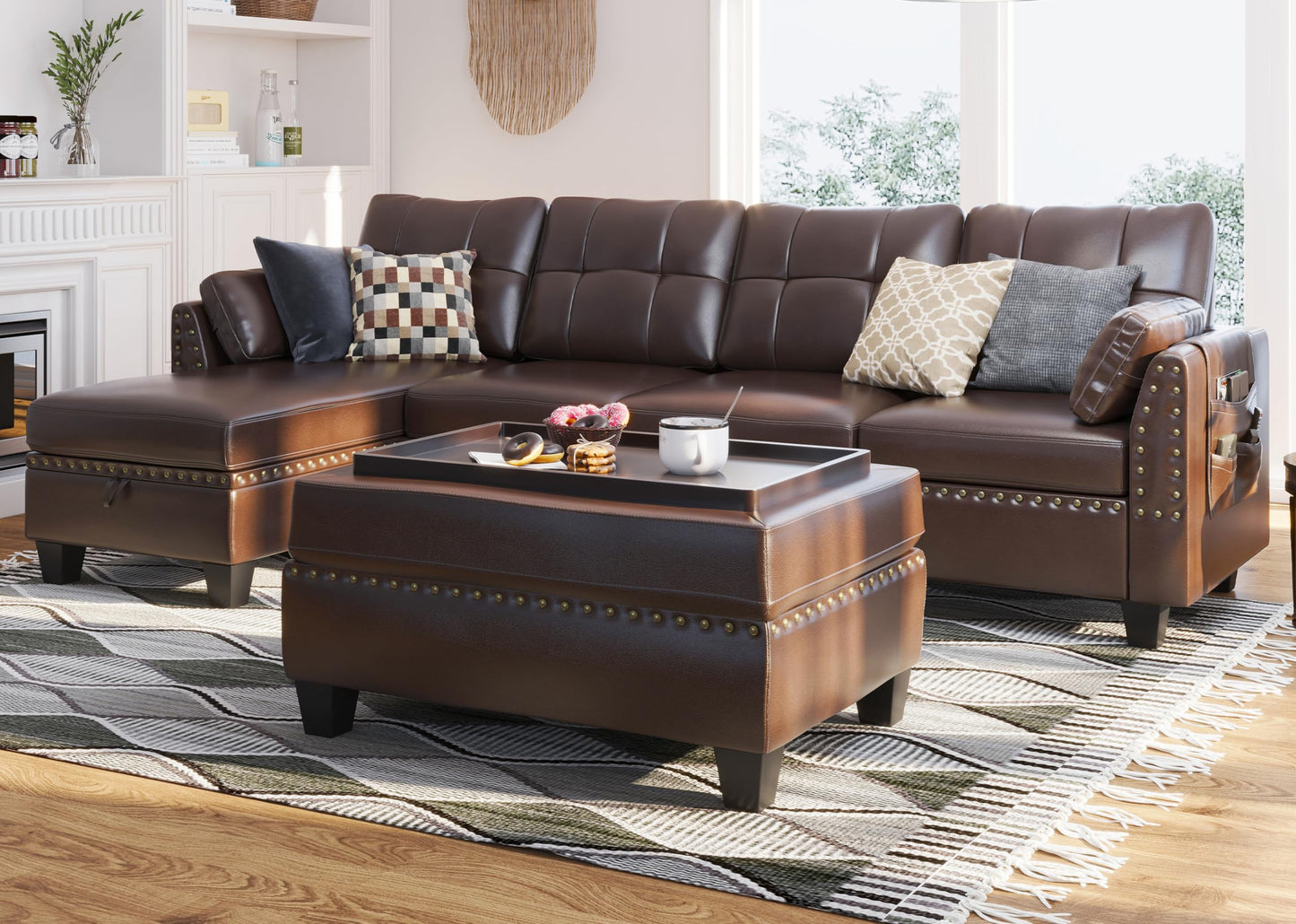 HONBAY Brown Leather Sectional Sofa with Ottoman - Easy Assembly, Storage Space