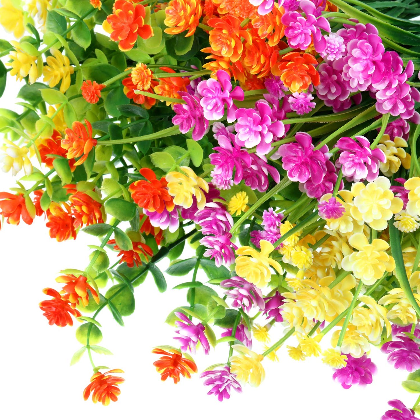 12 Bundles Artificial Flowers Outdoor, UV Resistant Faux Artificial Plants Shrubs Plastic Flower Bulk for Hanging Planter Porch Window Home Wedding Fall Summer Decor (Yellow, Orange, Fuchsia)