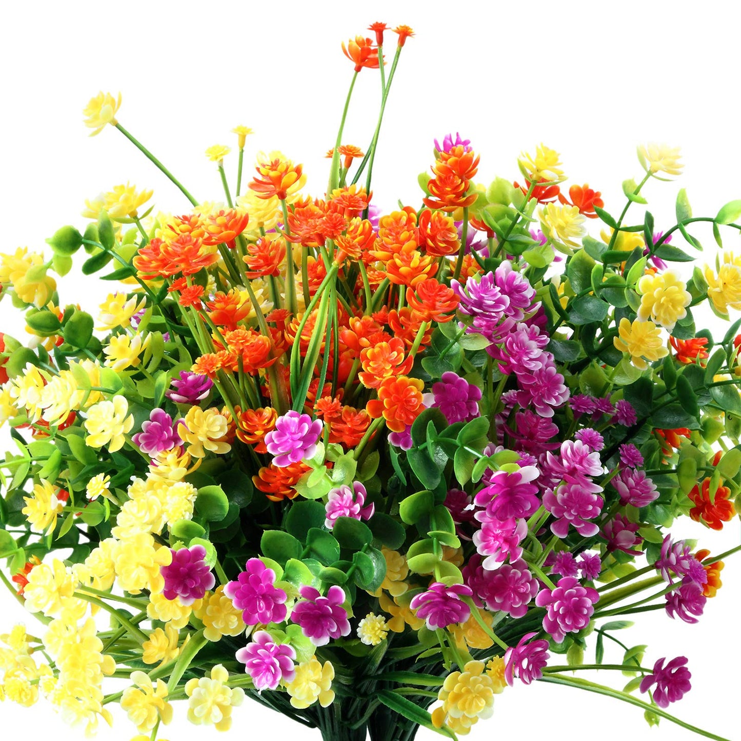 12 Bundles Artificial Flowers Outdoor, UV Resistant Faux Artificial Plants Shrubs Plastic Flower Bulk for Hanging Planter Porch Window Home Wedding Fall Summer Decor (Yellow, Orange, Fuchsia)