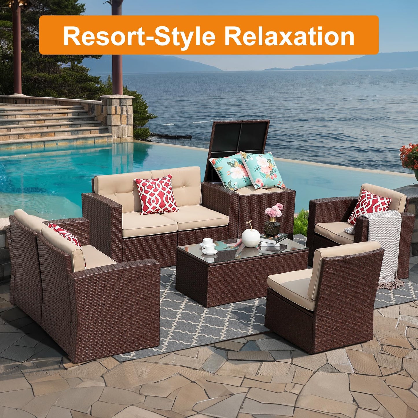 Super Patio 8 Pieces Patio Furniture Sets, All Weather Outdoor Sectional Patio Sofa, U-Shaped PE Wicker Patio Conversation Sets w/Storage Box, Coffee Table, 3 Pillows, for Garden, Porch, Brown