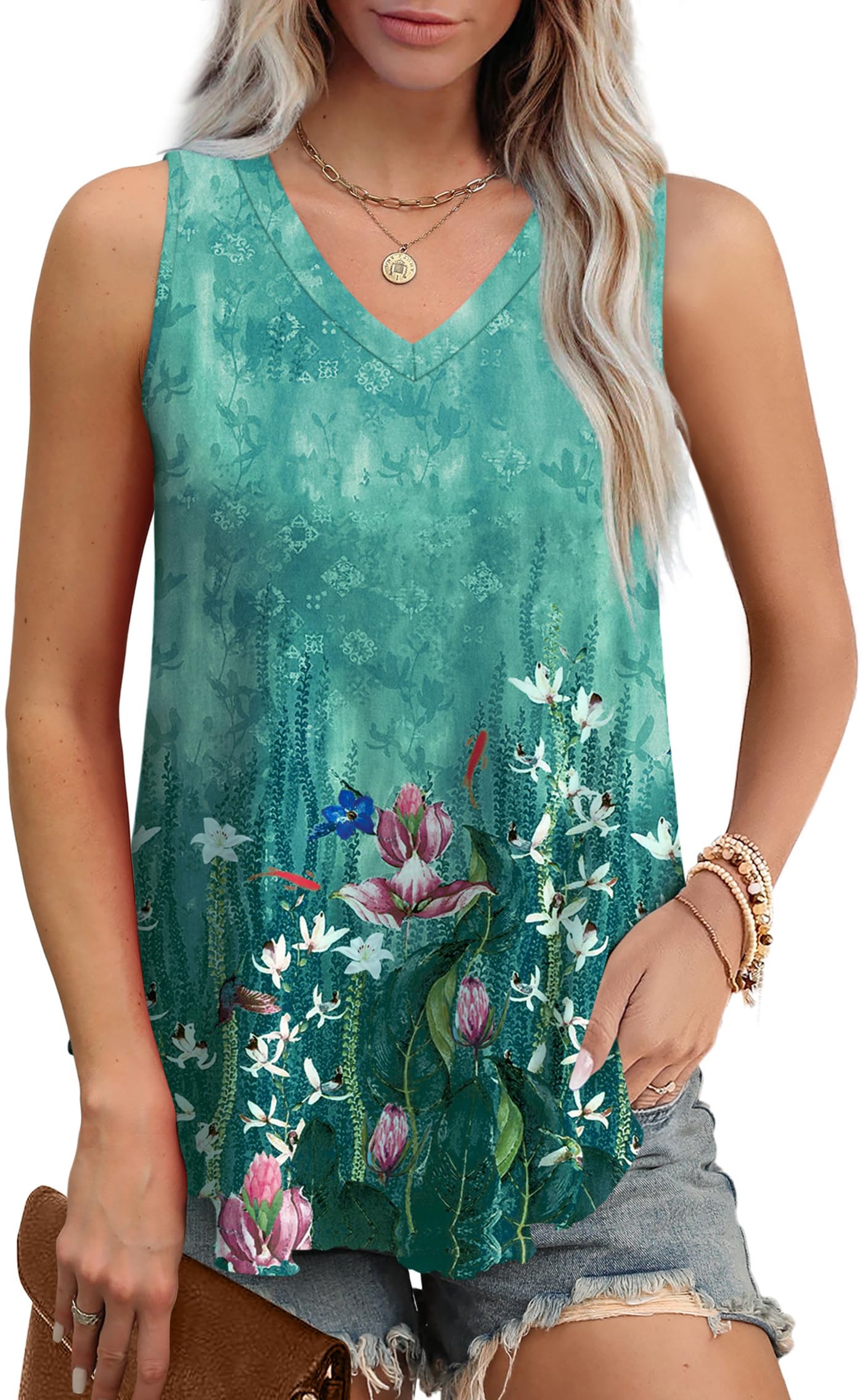 OFEEFAN Womens Summer Tank Tops Womens Tanks Loose Fit Women's Tank Tops Floral Teal XL