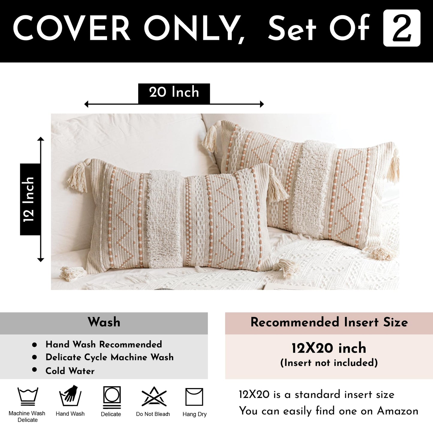 BlissBlush Decorative Lumbar Throw Pillow Cover 12x20 Combo Set of 2 Cream Neutral White Rectangular Boho Accent Pillowcase Farmhouse Cushion for Couch Sofa Bedroom Living Home Décor Cover ONLY
