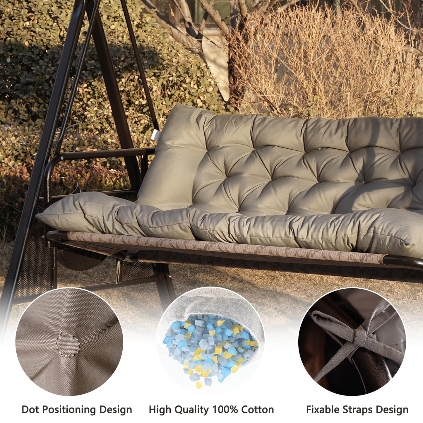 GPQAWER Outdoor Swing Cushions,Waterproof Swing Cushions 3 Seater Replacement with Backrest,Outdoor Thickened Bench Cushion with Ties for Porch,Patio,Backyard,Garden and Lawn (Khaki 60 * 40 in)