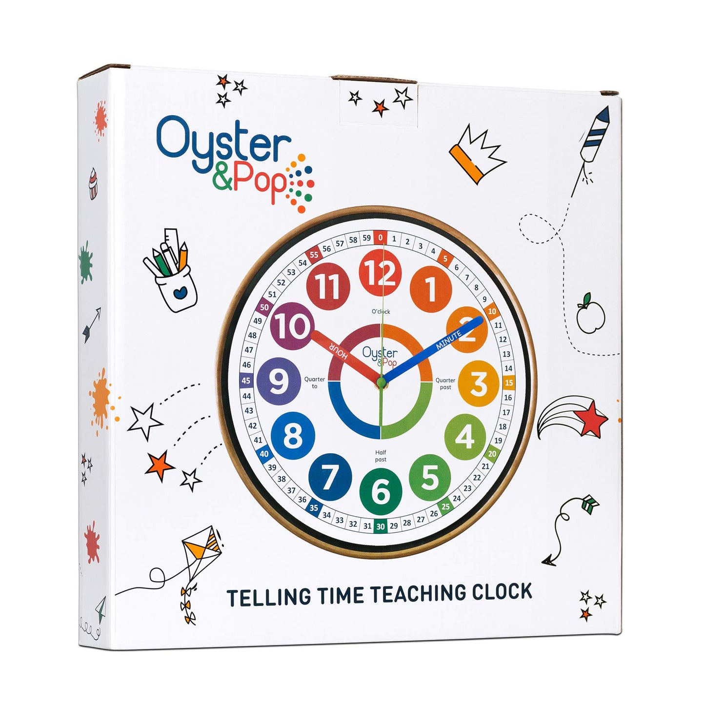 Oyster&Pop Learning Clock for Kids - Telling Time Teaching Clock - Kids Wall Clocks for Bedrooms - Kids Room Wall Decor - Silent Analog Kids Clock for Teaching Time - Kids Learn to Tell Time Easily