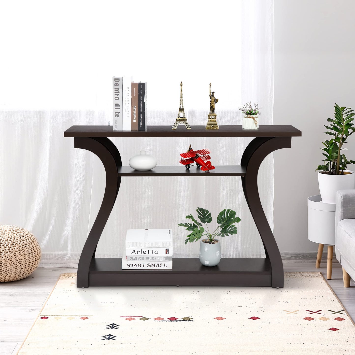 SUPER DEAL 3 Tier Narrow Console Table Accent Sofa Table Wood Entryway Table Decorative Hallway Table with Shelves, Curved Frame for Living Room Front Door Entrance, 47 in Espresso