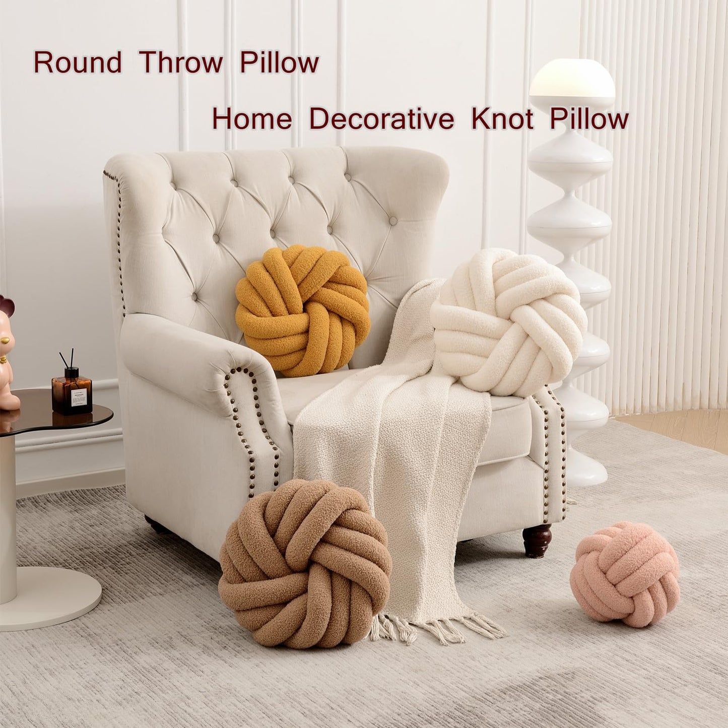 Vdoioe Cream White Knot Pillow 13.7'' Round Throw Pillow Soft Plush Knot Ball Pillow Handmade Knotted Pillow Modern Home Decorative Knotted Pillow Cushion for Bed Bedroom, Sofa, Couch