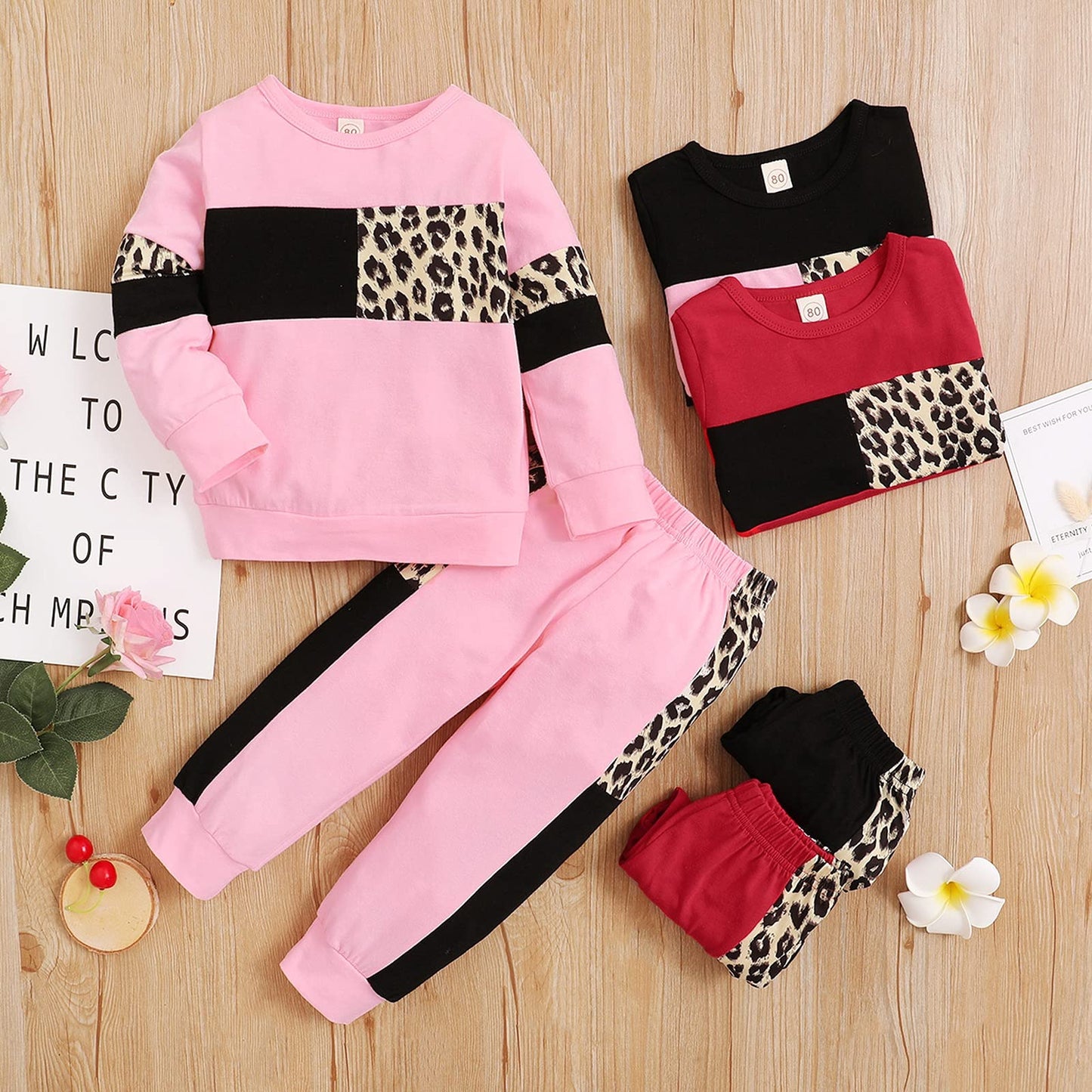 Tikoubabe Toddler Girl Clothes Baby Sweatshirt Leopard Fall Winter Outfits Long Sleeve Tops Pants Set 2 Pcs Pink 2-3 Years 100CM