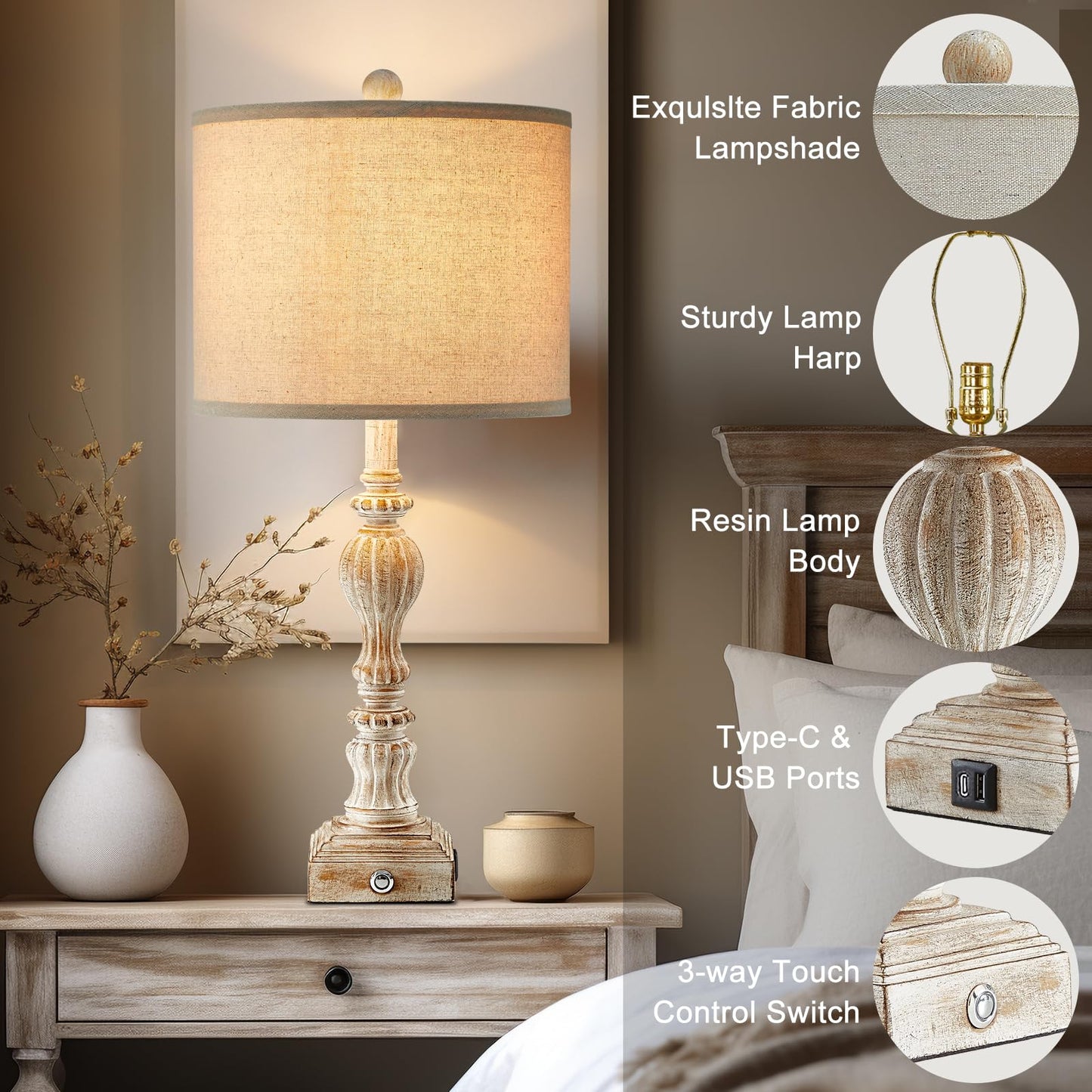 Vintage Farmhouse Table Lamp Set of 2 with USB A+C for Living Room Rustic Table Lamp 27" Tall 3-Way Dimmable Touch Bedside Lamps Traditional Bedroom Nightstand Lamps Linen Washed Antique White