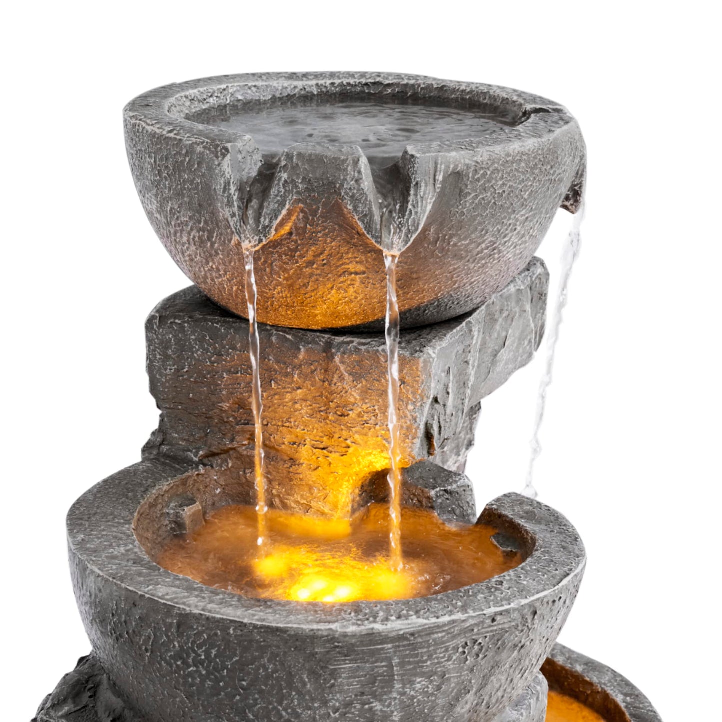 Teamson Home 33.25 in. Cascading Bowls and Stacked Stones LED Outdoor Water Fountain for Gardens, Landscaping, Patios, Balconies, and Lawns for a Calming Oasis in Outdoor Living Spaces, Stone Gray