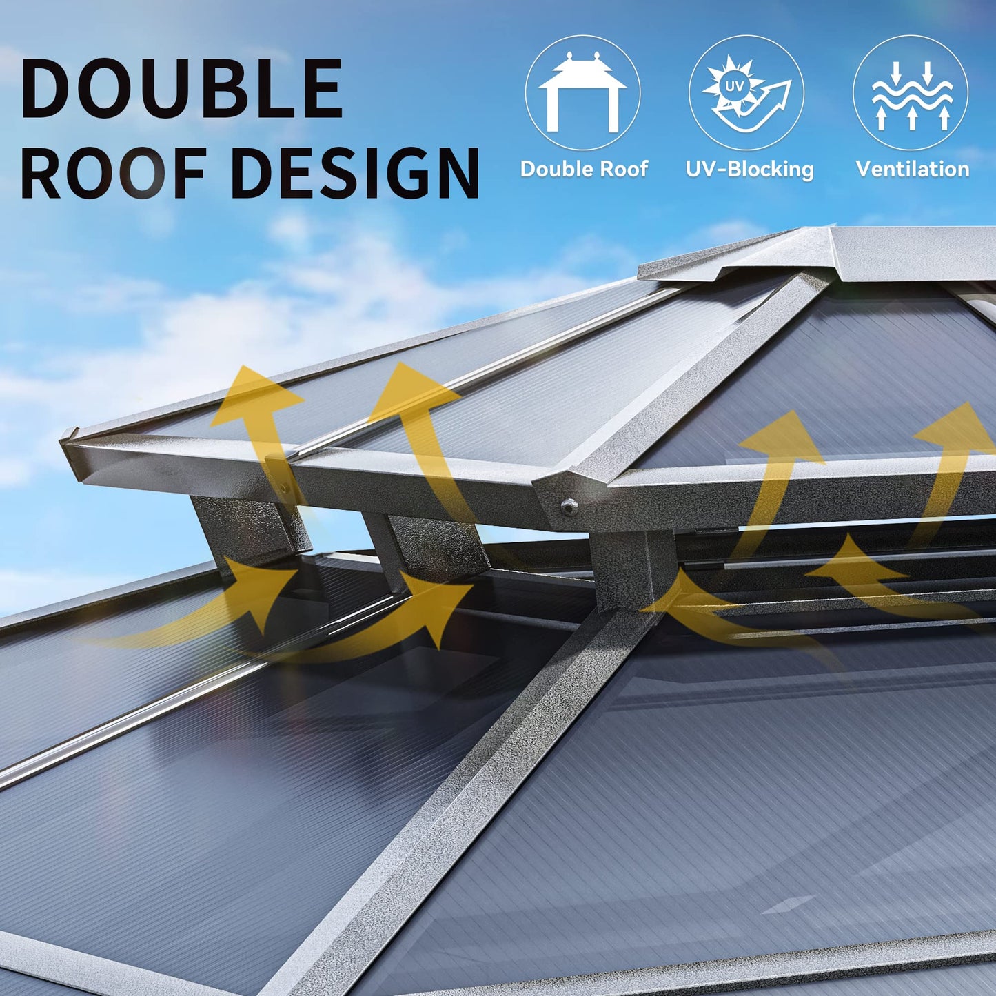 DWVO 10x10ft Hardtop Gazebo Double Roof Polycarbonate Canopy Outdoor with Netting and Shaded Curtains, Aluminum Frame Garden Tent for Patio, Backyard, Deck and Lawns