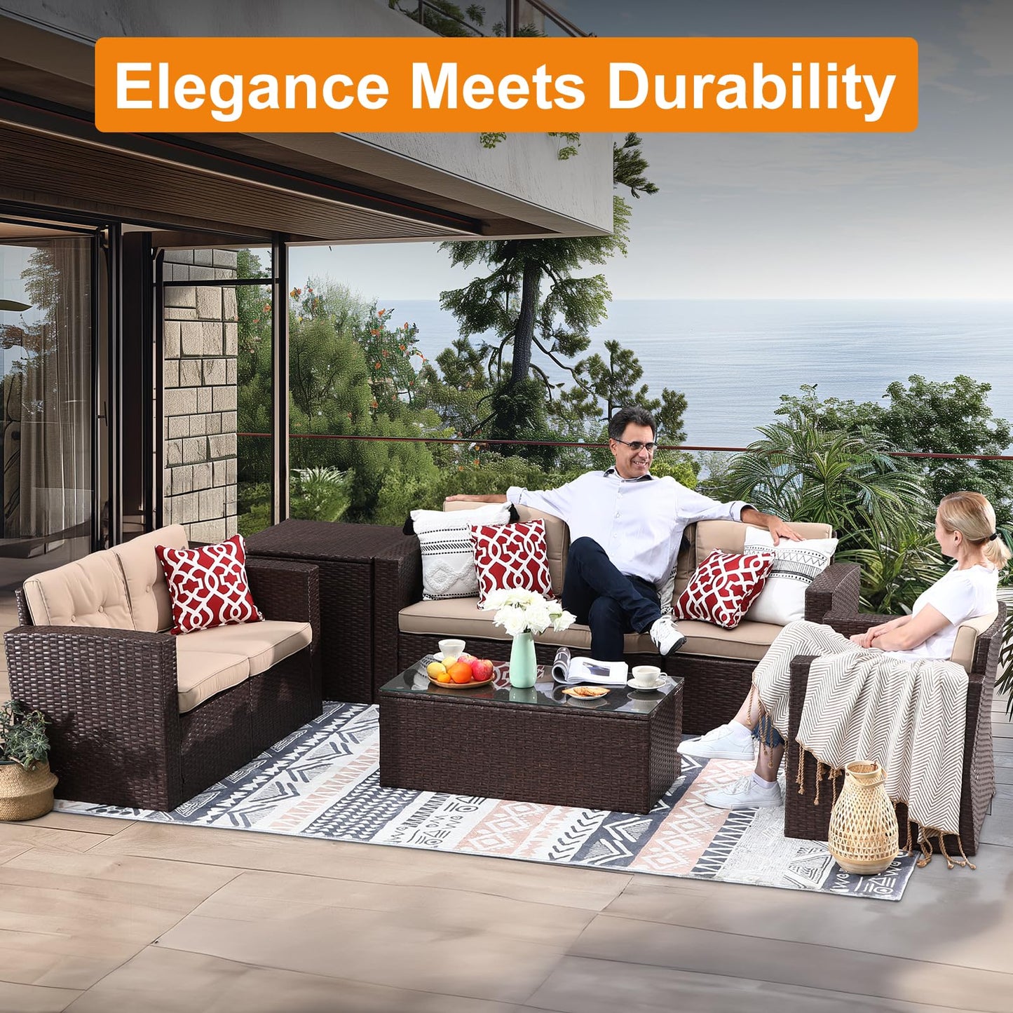 Super Patio 8 Pieces Patio Furniture Sets, All Weather Outdoor Sectional Patio Sofa, U-Shaped PE Wicker Patio Conversation Sets w/Storage Box, Coffee Table, 3 Pillows, for Garden, Porch, Brown