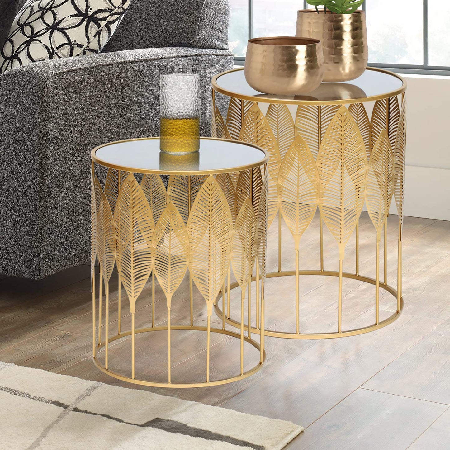 Joveco End Tables Set of 2- Gold Round Coffee Tables Leaves Nightstands Stools- Accent Nesting Side Tables for Living Room Bedroom and Entryway