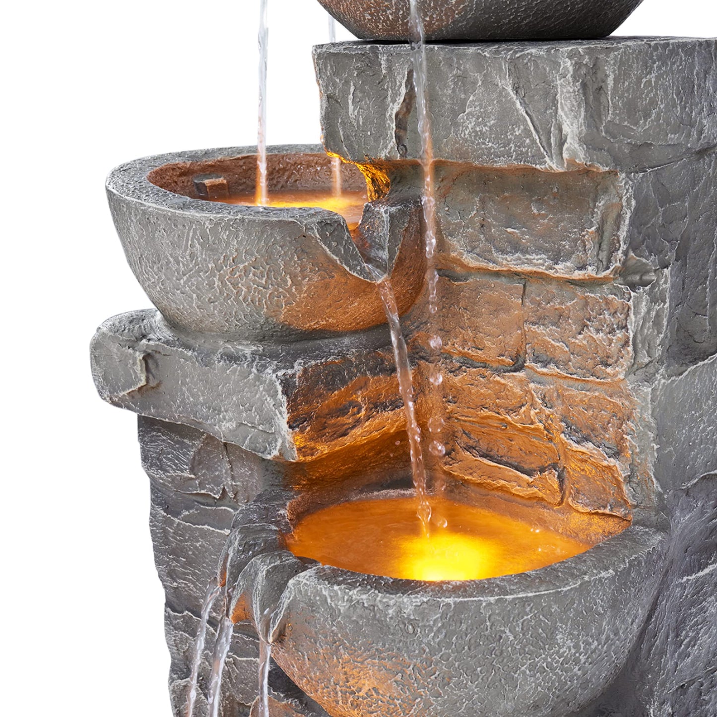 Teamson Home 33.25 in. Cascading Bowls and Stacked Stones LED Outdoor Water Fountain for Gardens, Landscaping, Patios, Balconies, and Lawns for a Calming Oasis in Outdoor Living Spaces, Stone Gray