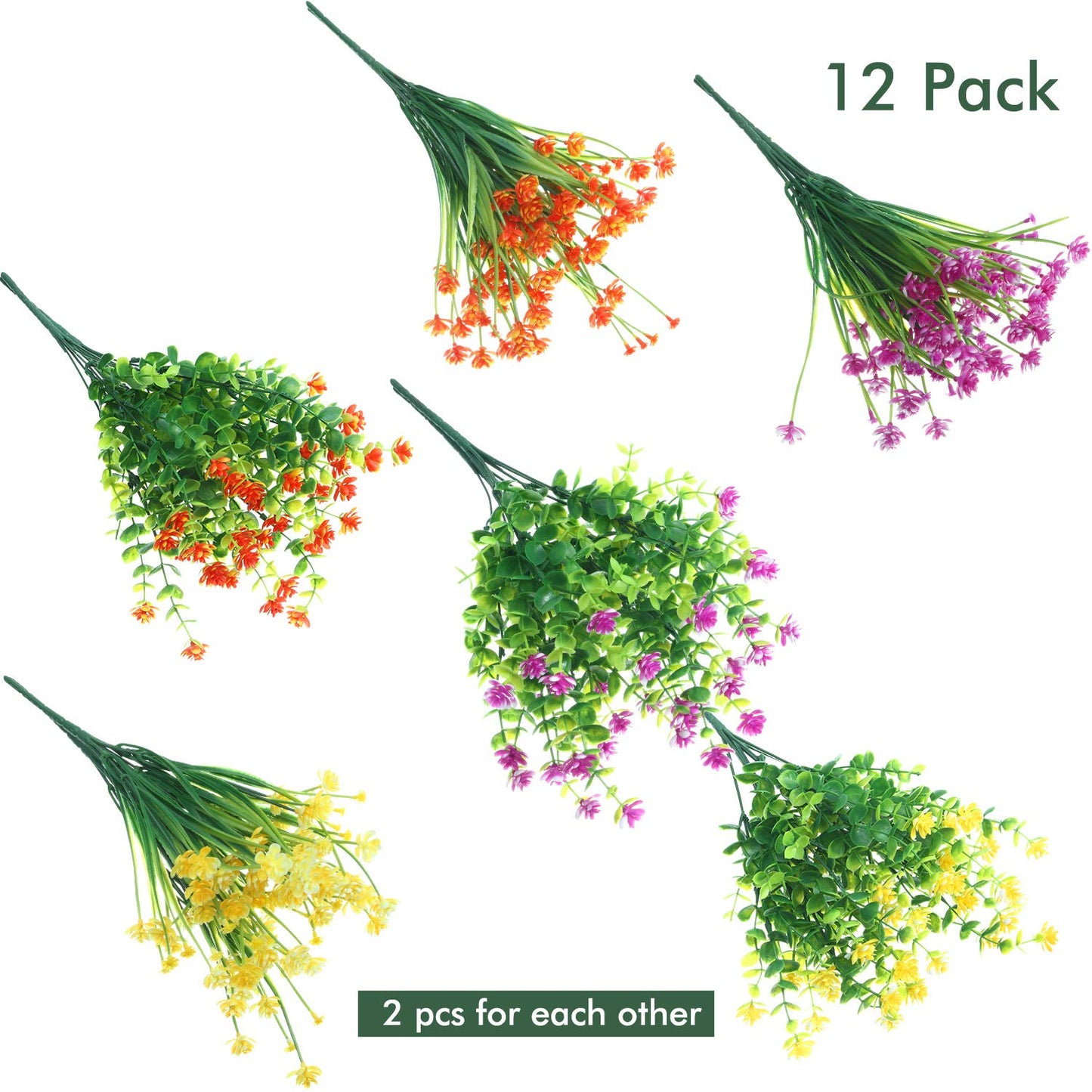 12 Bundles Artificial Flowers Outdoor, UV Resistant Faux Artificial Plants Shrubs Plastic Flower Bulk for Hanging Planter Porch Window Home Wedding Fall Summer Decor (Yellow, Orange, Fuchsia)