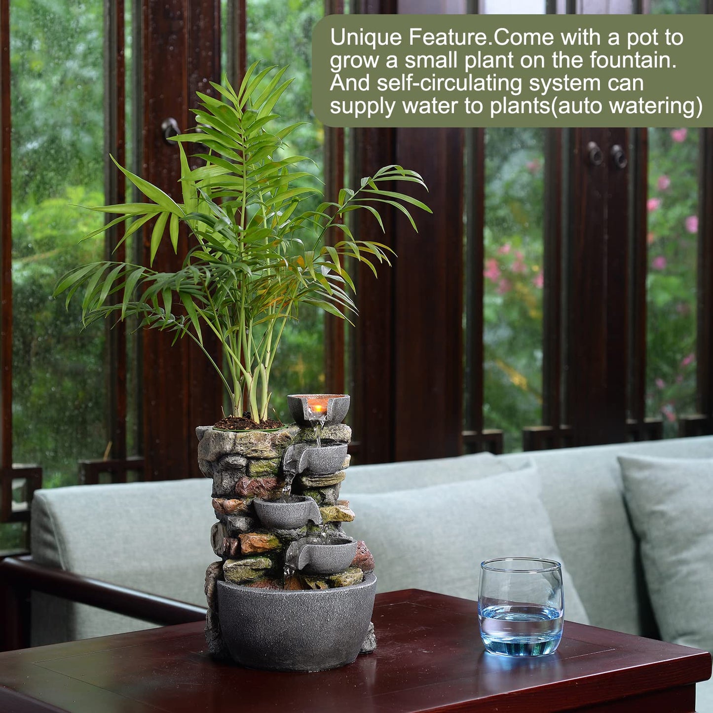 Haobos Indoor Fountain 4-Bowl Rockery Soothing Sound Tabletop Fountains Home/Office Decor Gift for Mom with A Small Plastic Pot to Grow Plant/Hebs by Yourself (Automatic Watering for Tanks/Aquarium)