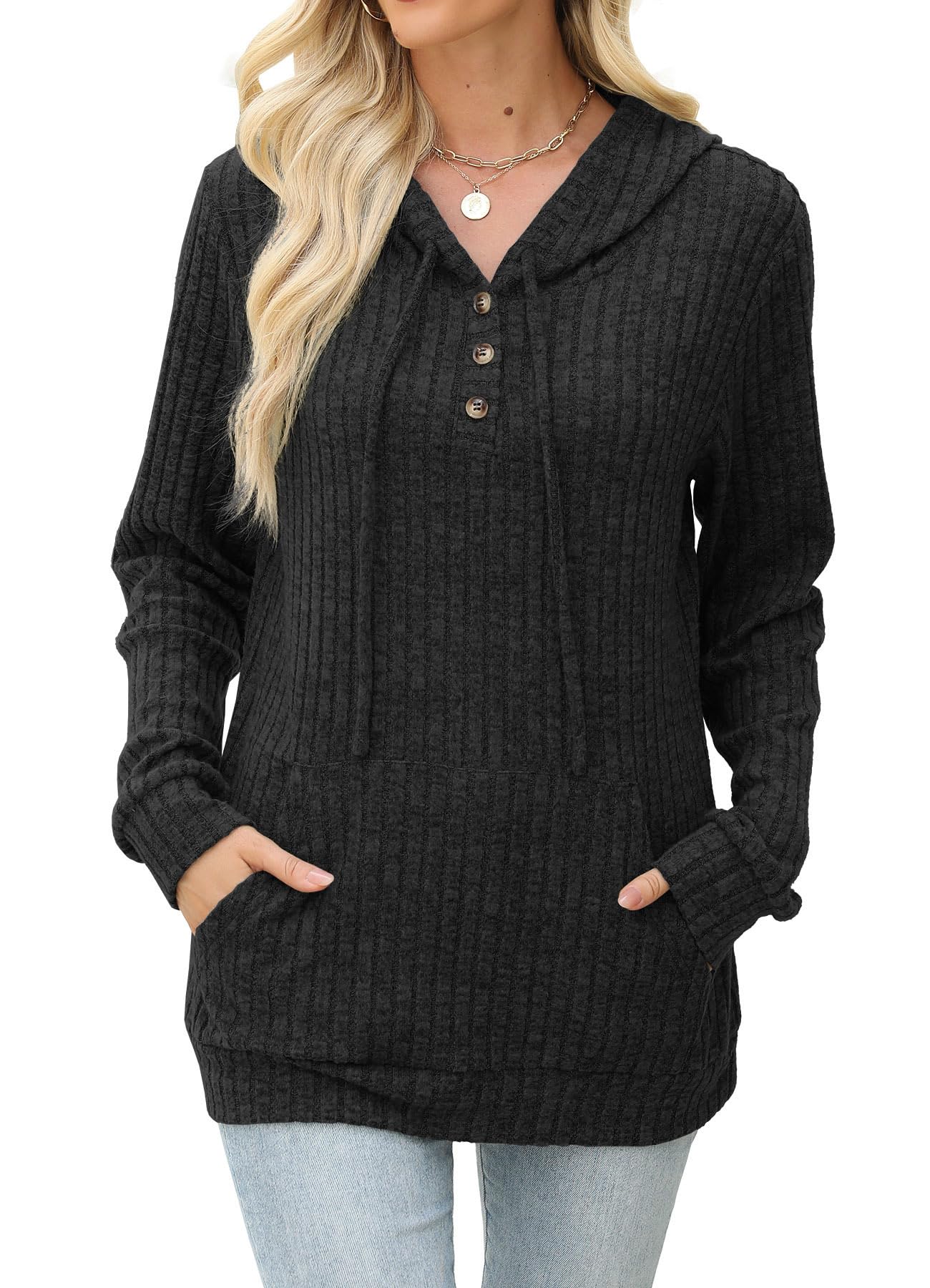 JomeDesign Black Long Sleeve Shirt for Women Hoodies Loose Casual Pullover Lightweight Sweaters 2025 Black L