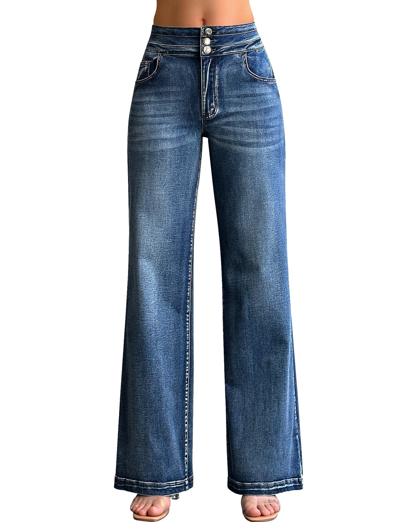 roswear Women’s Wide Leg Jeans Casual High Waisted Stretch Baggy Loose Denim Pants 104 Blue Large